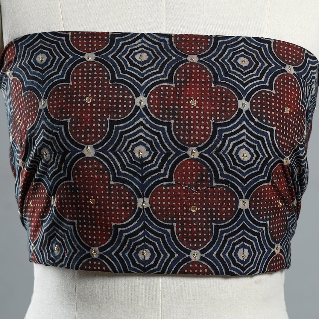 Multicolor - Hand Embroidered Ajrakh Cotton Blouse Piece 02