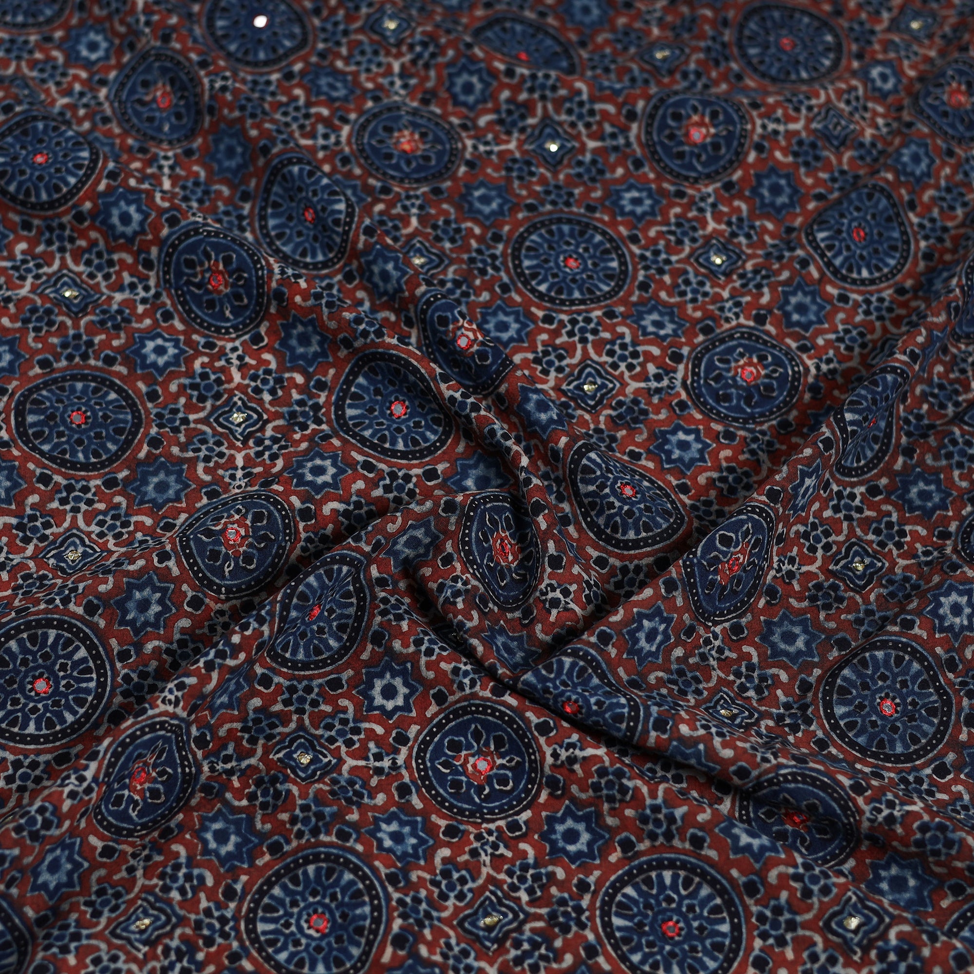 Multicolor - Hand Embroidered Ajrakh Cotton Blouse Piece 07