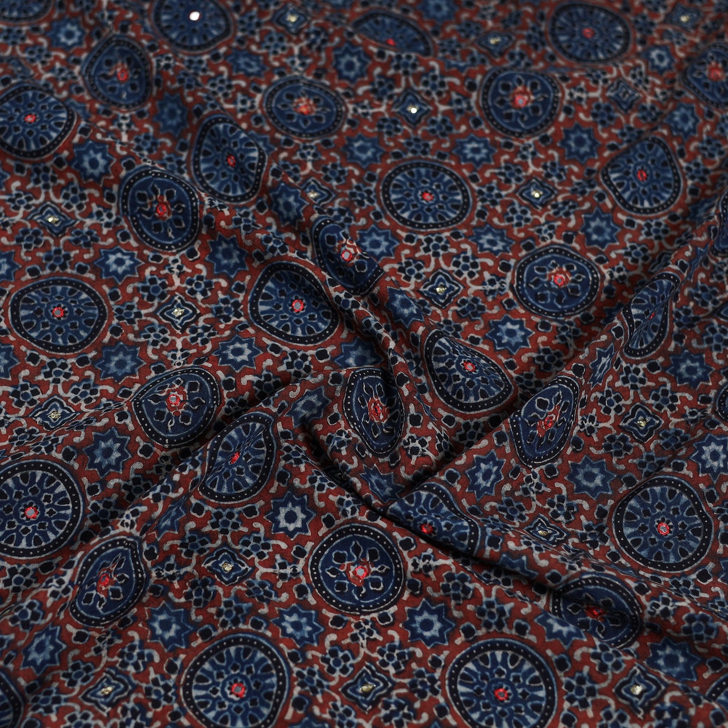 Multicolor - Hand Embroidered Ajrakh Cotton Blouse Piece 07