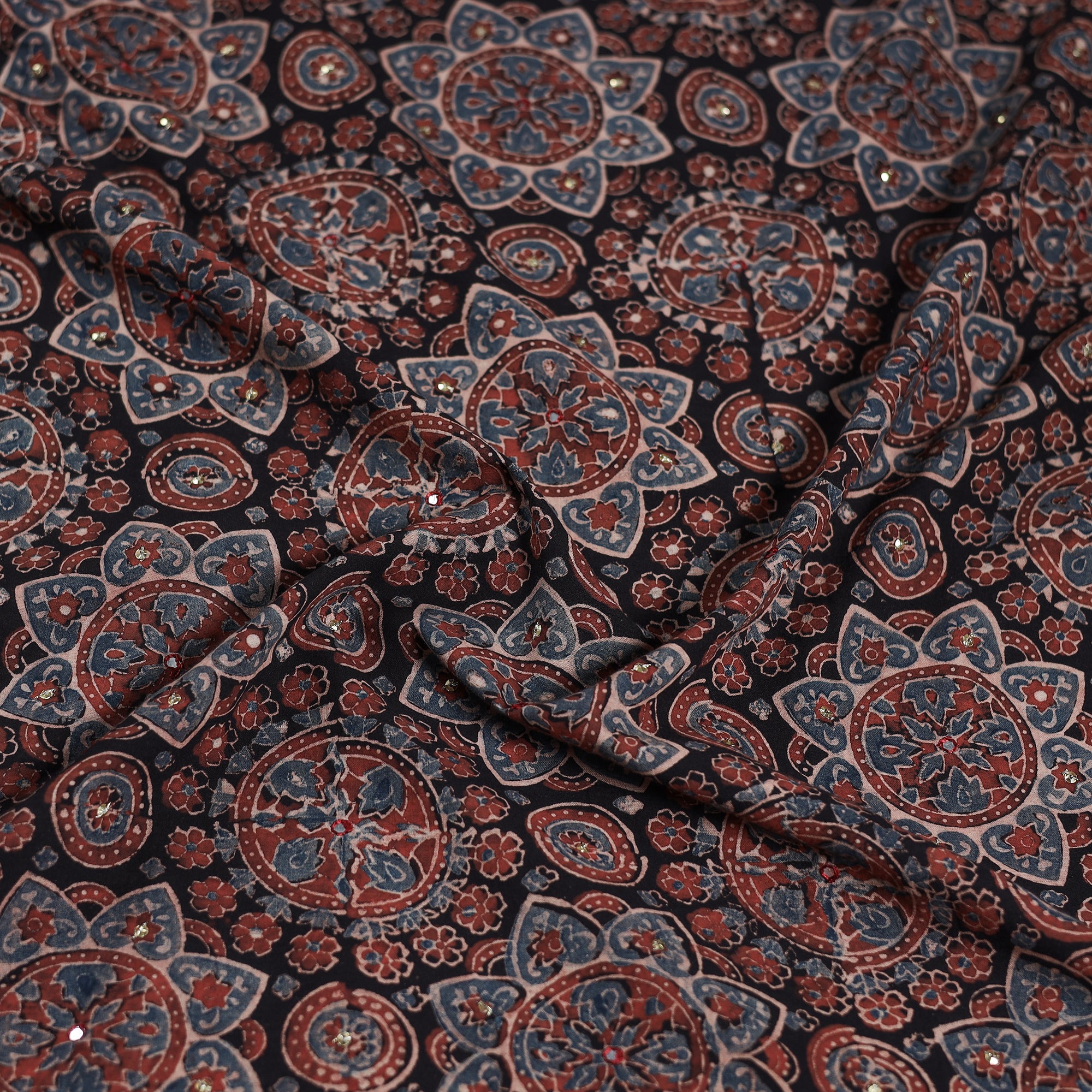 Multicolor - Hand Embroidered Ajrakh Cotton Blouse Piece 09