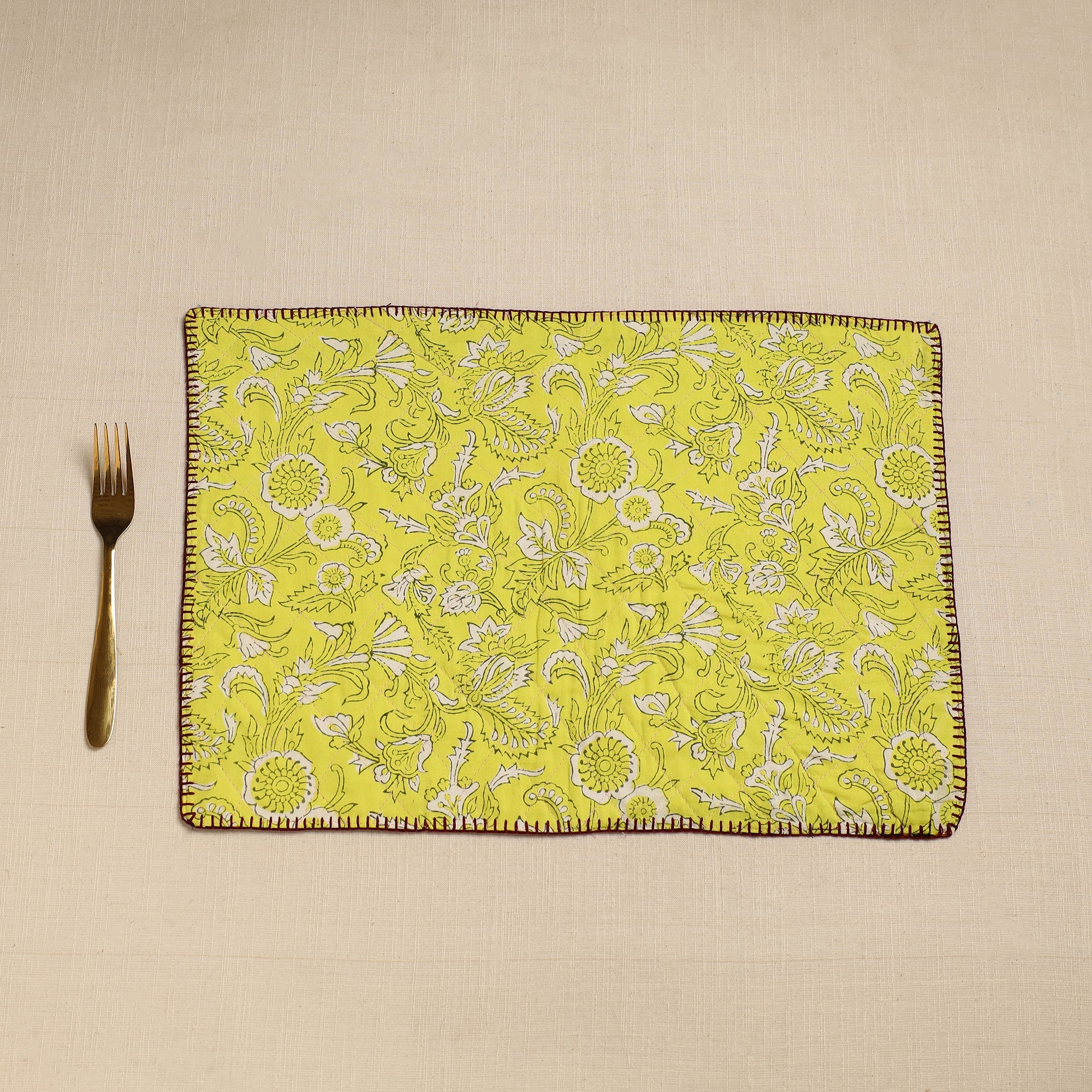 Multicolor Hand Embroidered Floral Cotton Reversible Table Mat