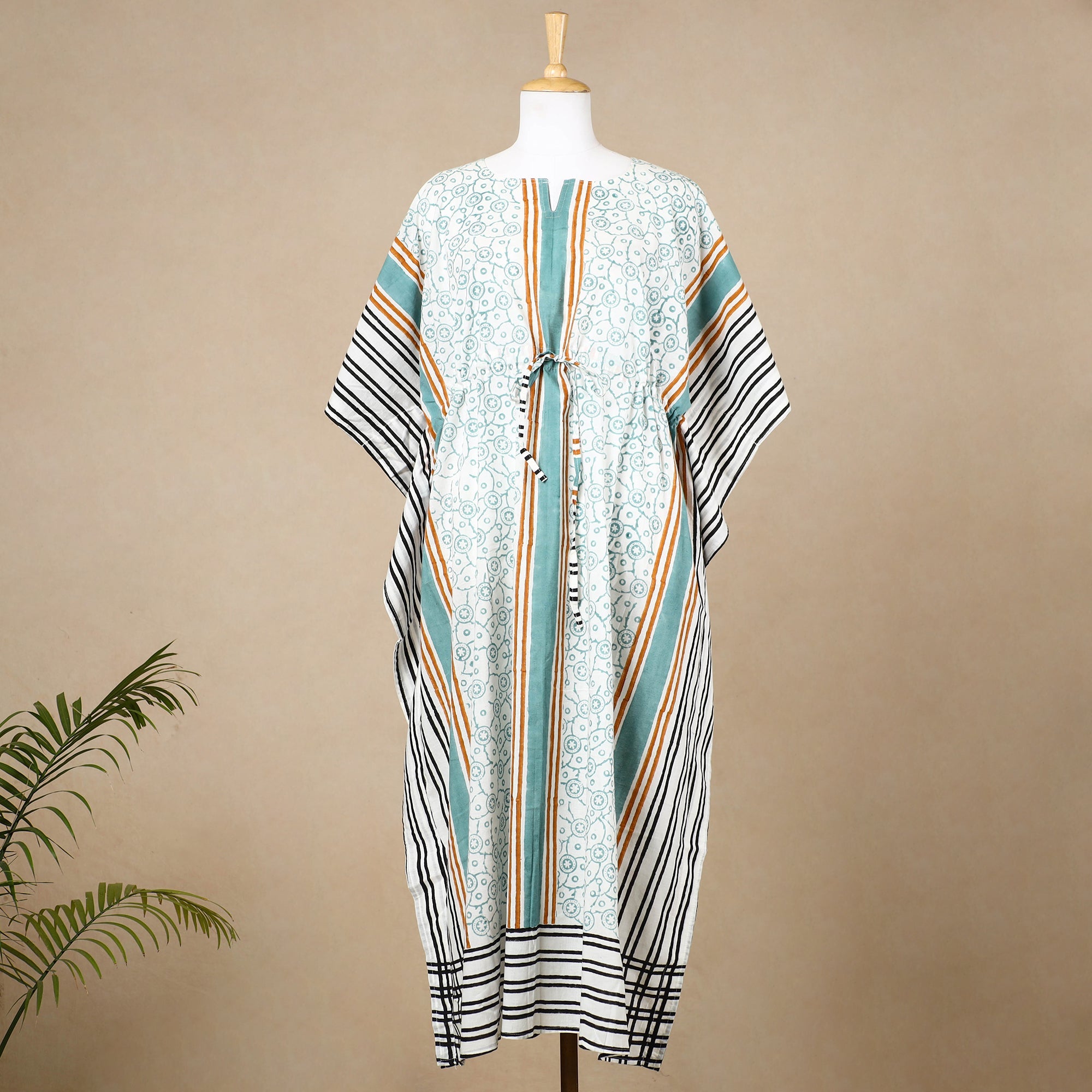  Hand Block Printed Cotton Kaftan with Tie-Up Waist 