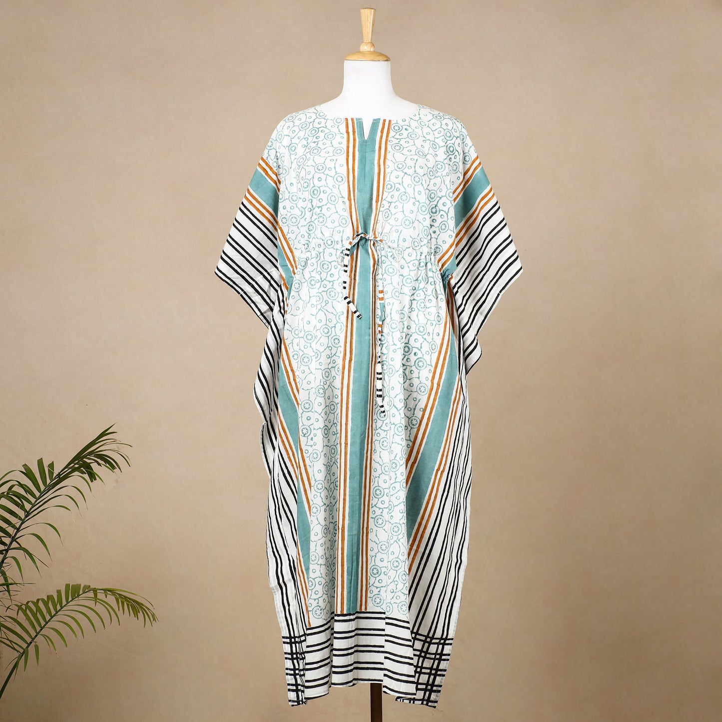  Hand Block Printed Cotton Kaftan with Tie-Up Waist 