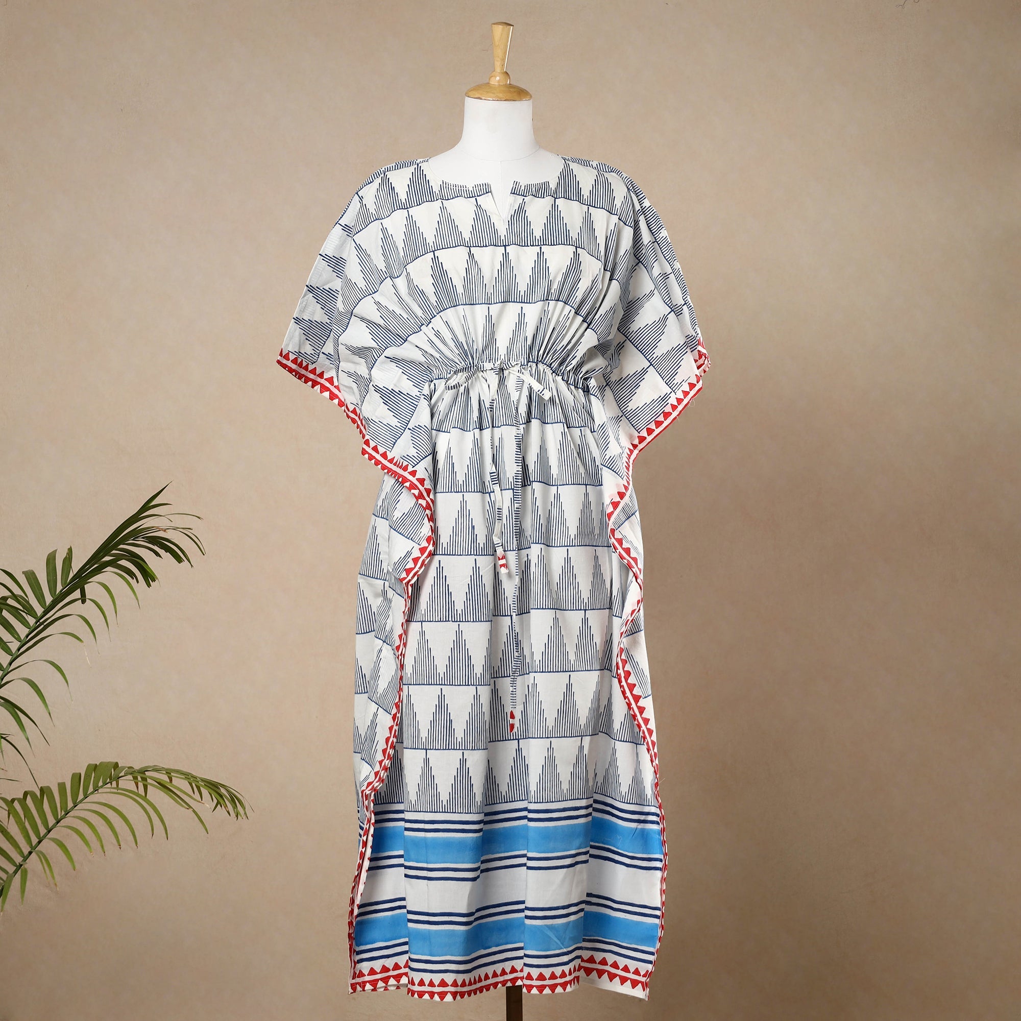 Multicolor - Hand Block Printed Cotton Kaftan with Tie-Up Waist (Long)