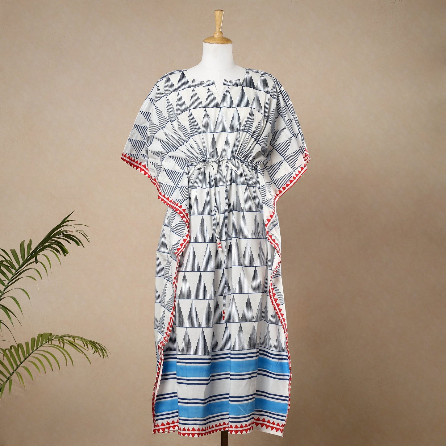 Multicolor - Hand Block Printed Cotton Kaftan with Tie-Up Waist (Long)