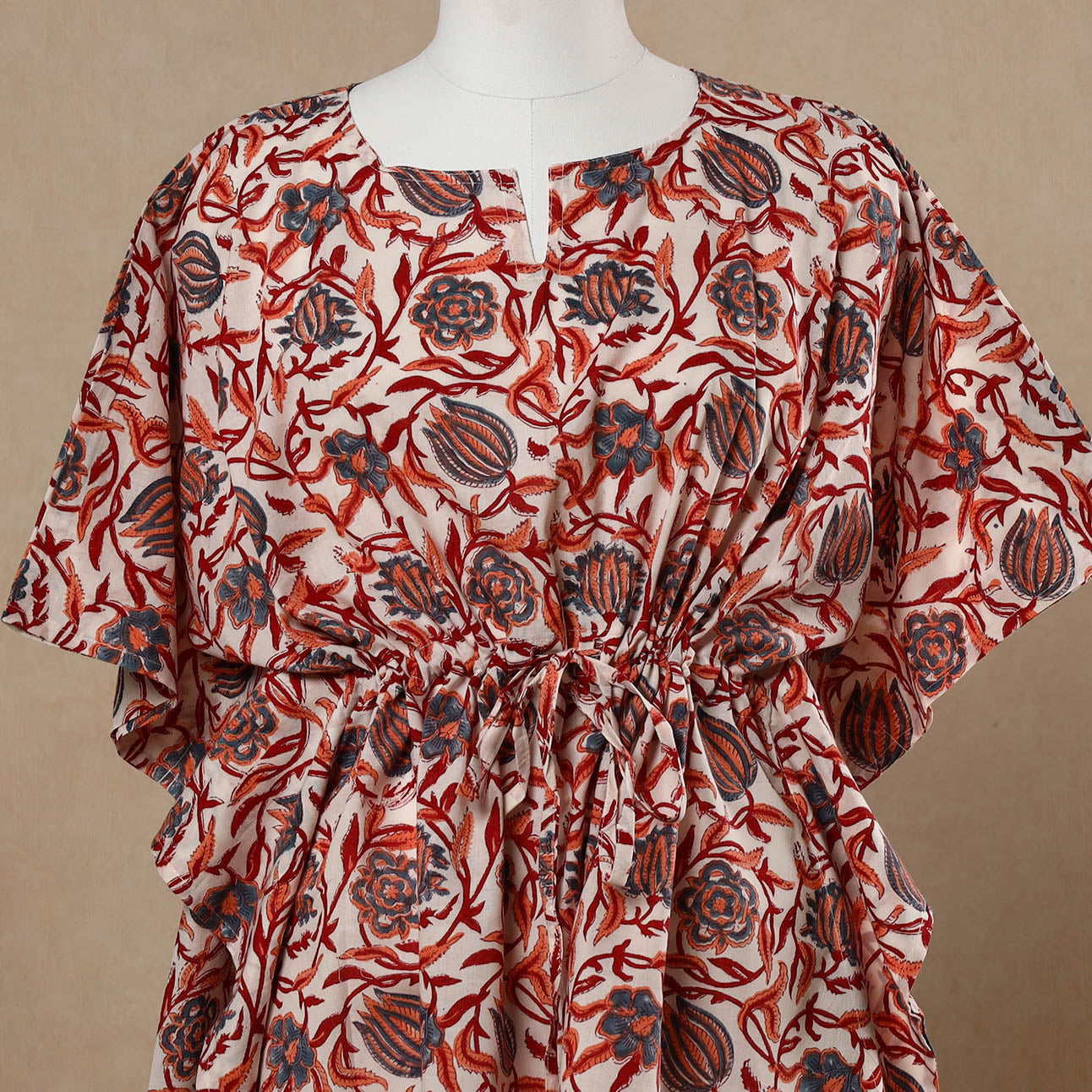  Hand Block Printed Cotton Kaftan with Tie-Up Waist 