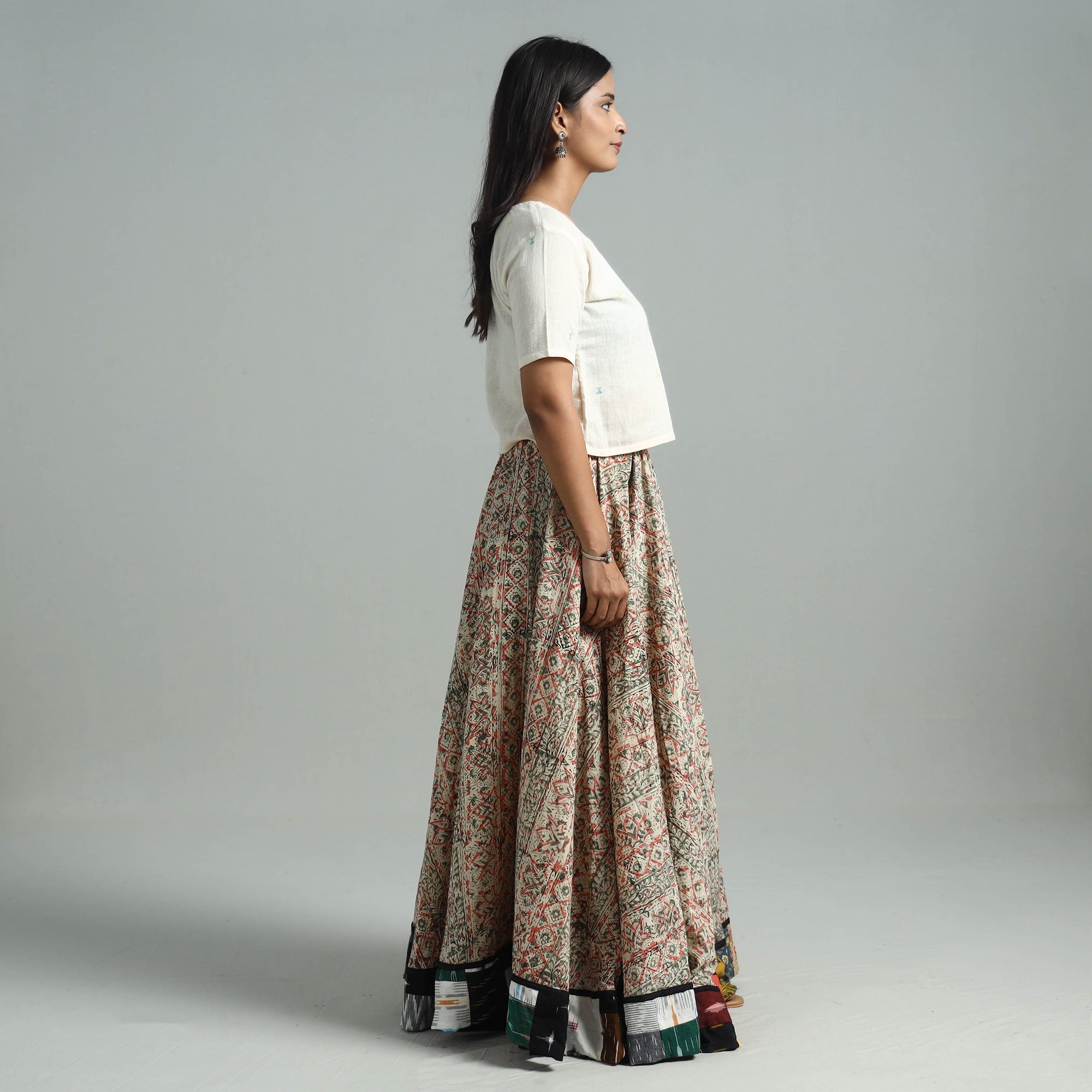 Multicolor - hand printed cotton long kalamkari skirt 03