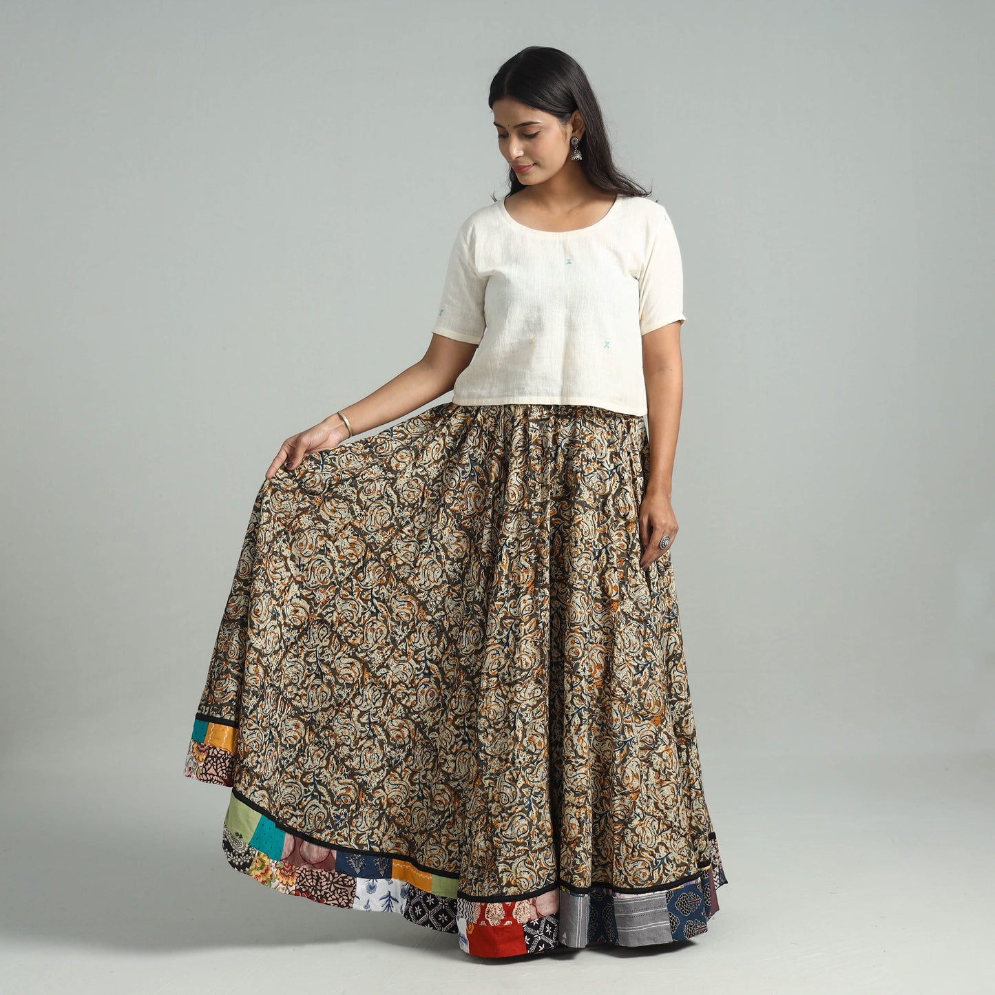 Multicolor - hand printed cotton long kalamkari skirt 17