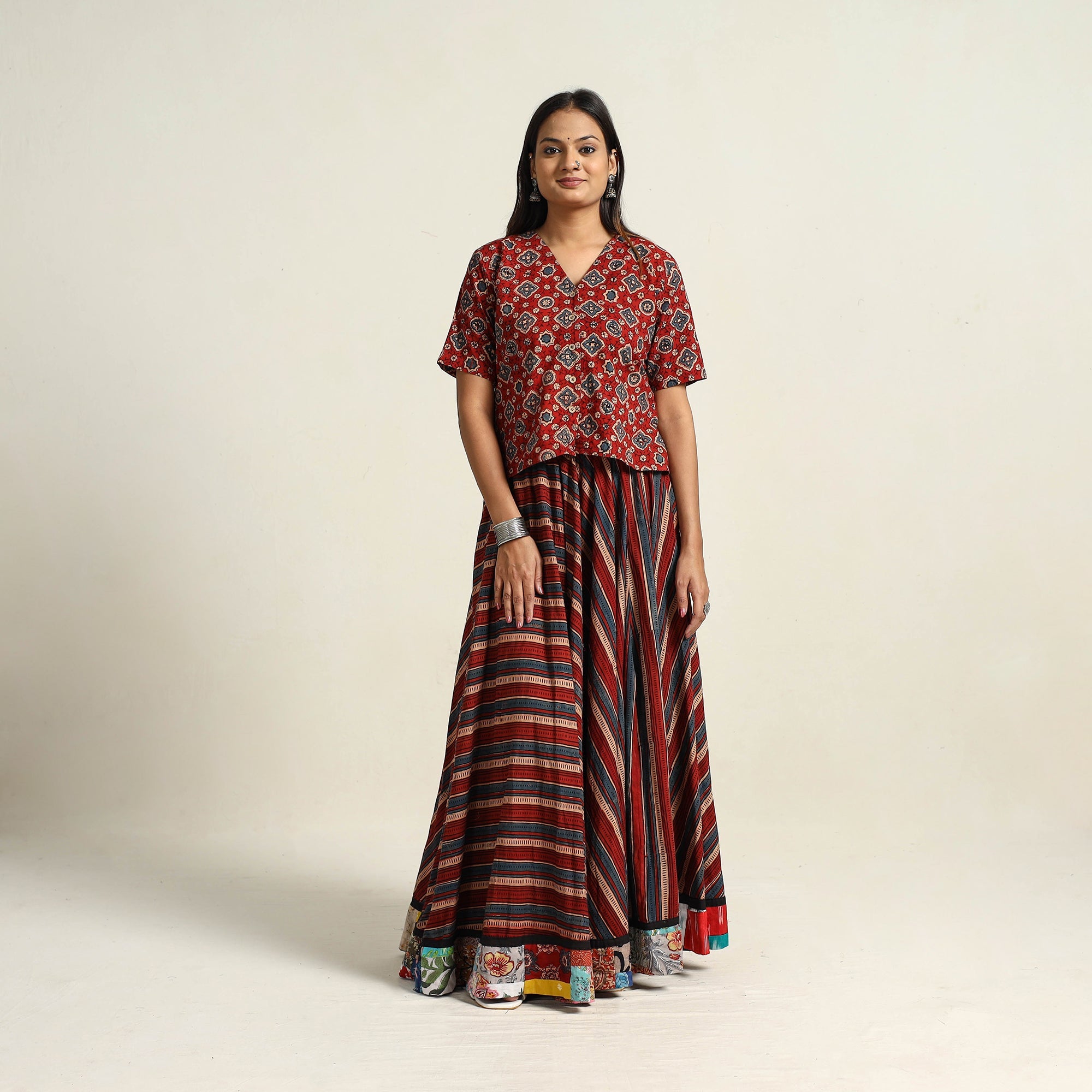 Multicolor - hand printed cotton long skirt 07 - handcrafted