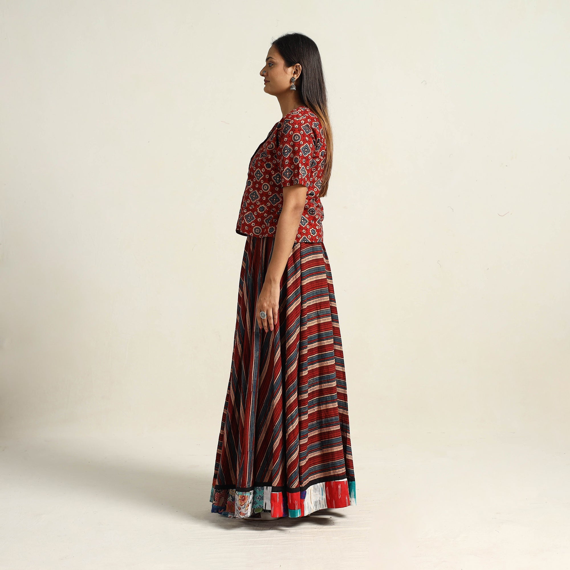 Multicolor - hand printed cotton long skirt 07 - handcrafted