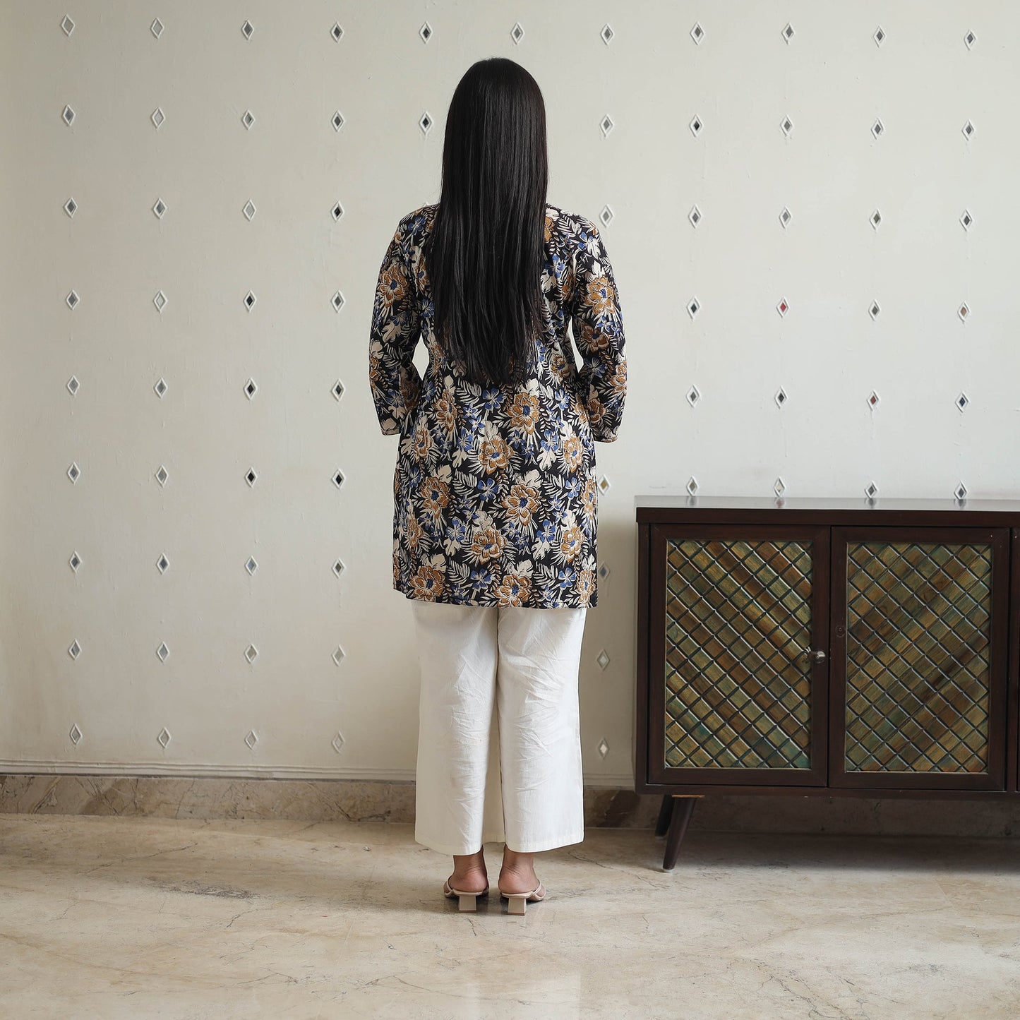 Hand Block Printed Cotton Short Pintuck Bagru Kurta for Women