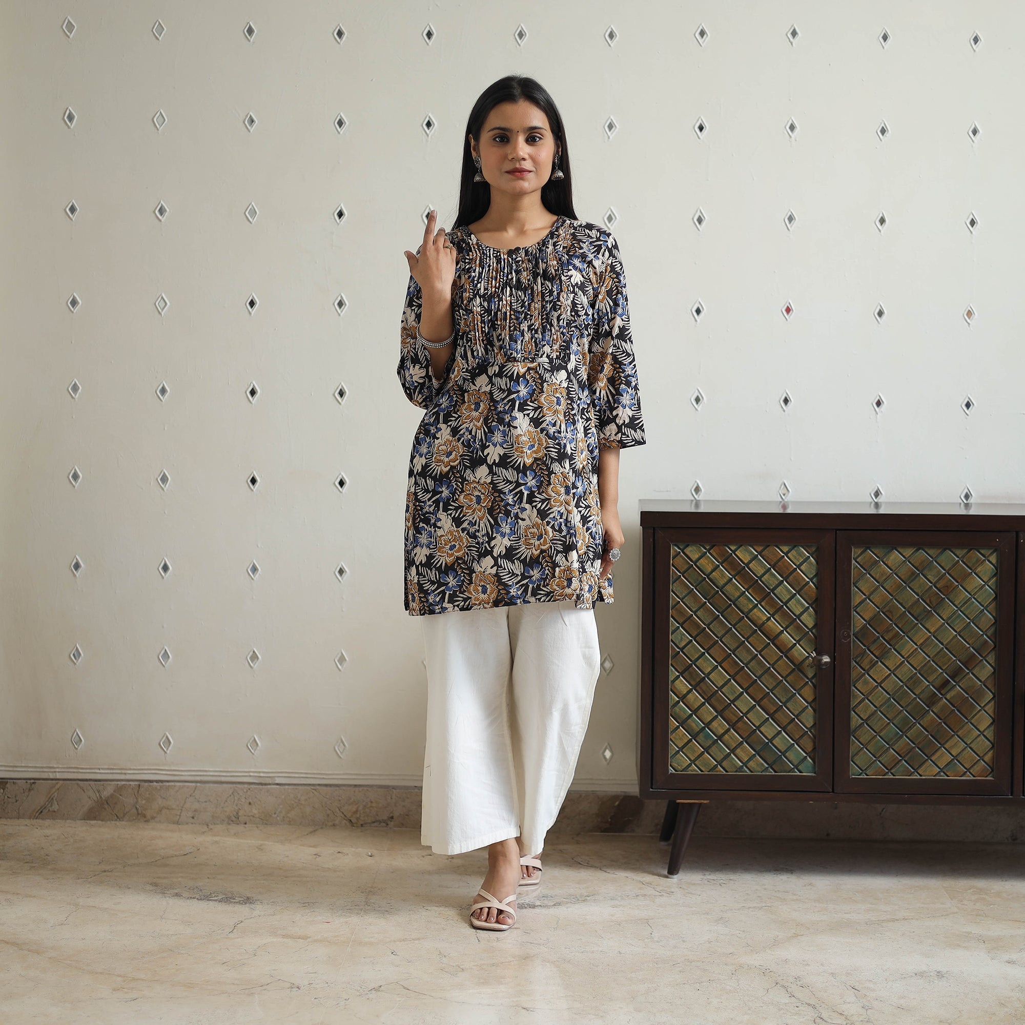 Hand Block Printed Cotton Short Pintuck Bagru Kurta for Women