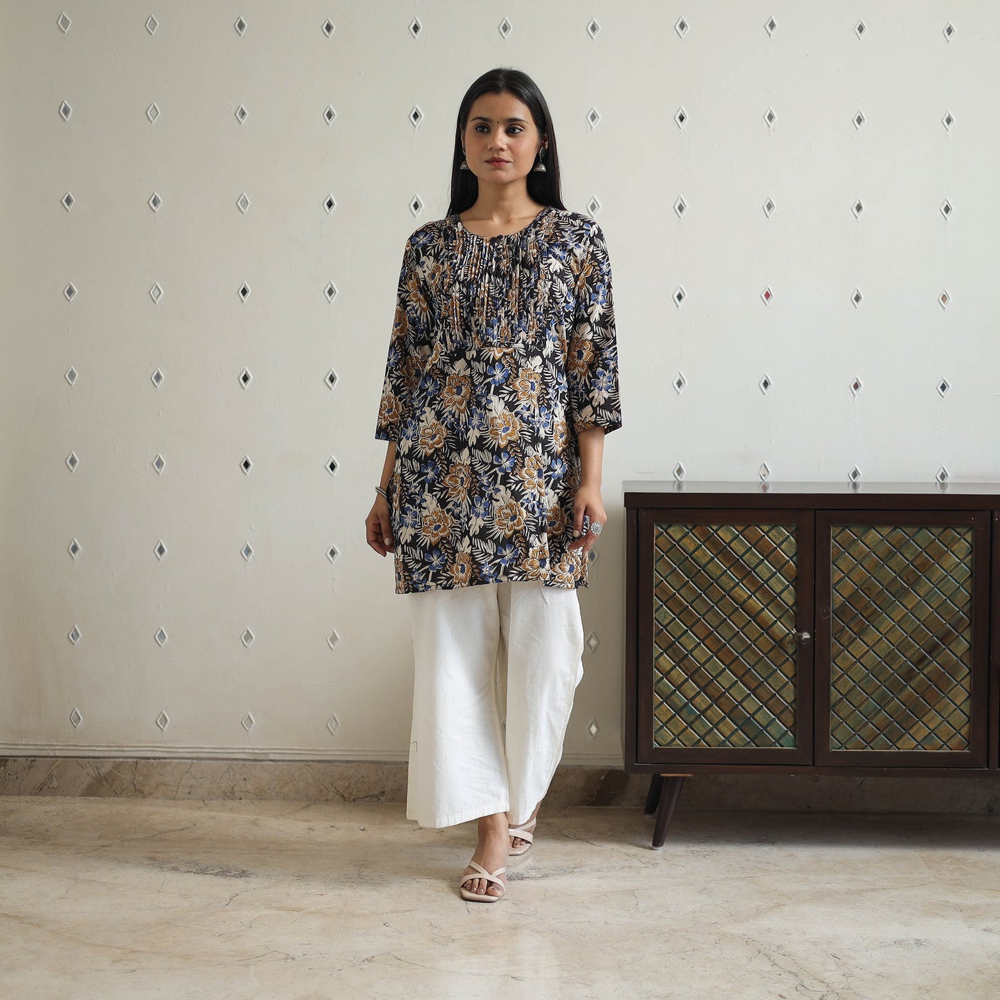 Hand Block Printed Cotton Short Pintuck Bagru Kurta for Women