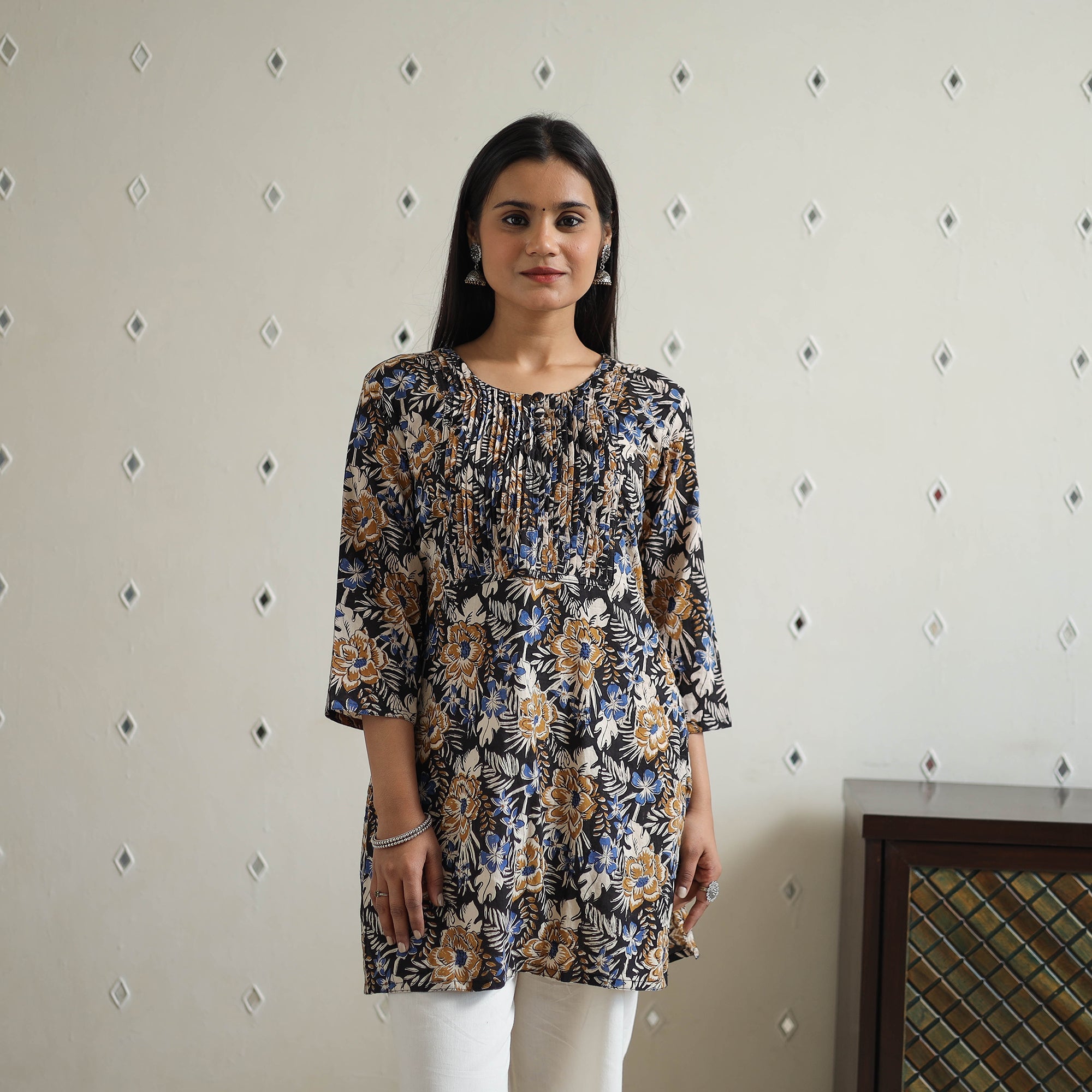 Hand Block Printed Cotton Short Pintuck Bagru Kurta for Women