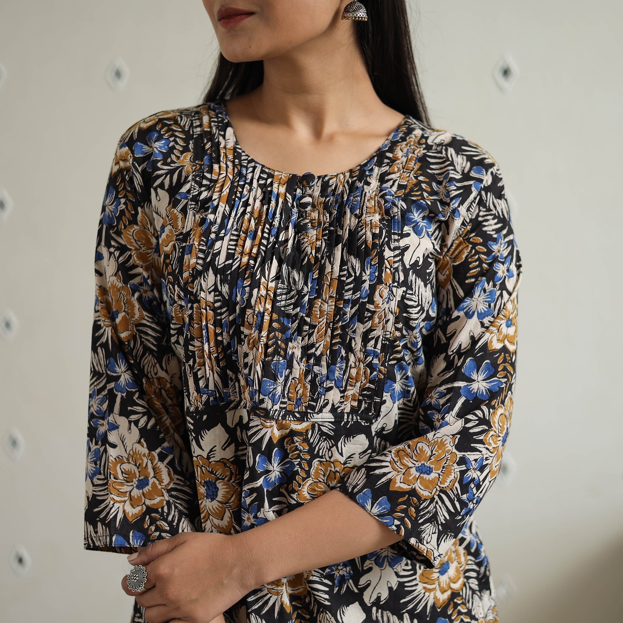 Hand Block Printed Cotton Short Pintuck Bagru Kurta for Women