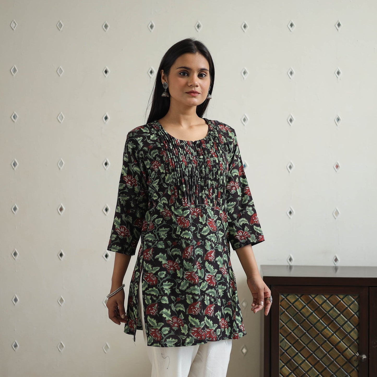 Hand Block Printed Cotton Short Pintuck Bagru Kurta for Women