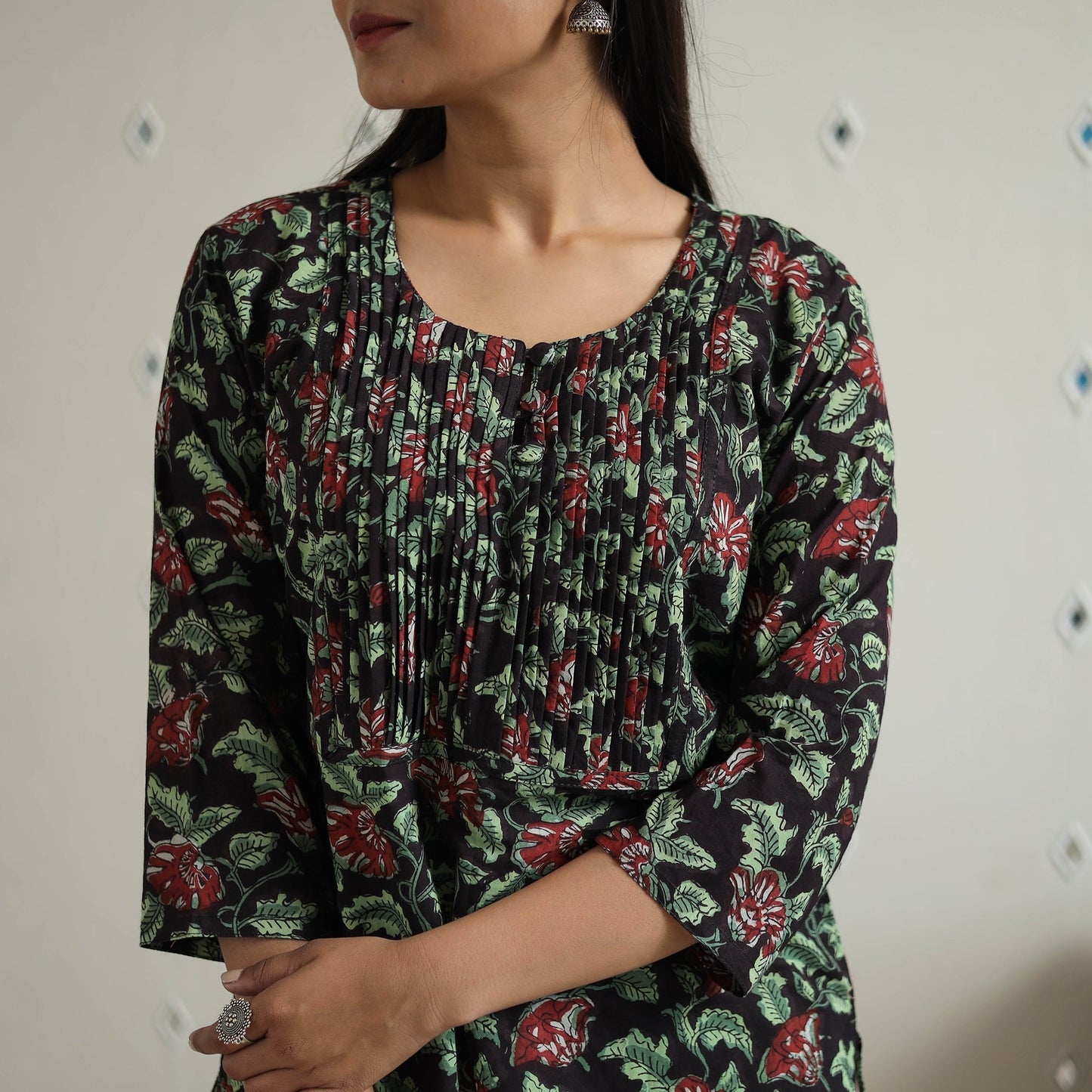 Hand Block Printed Cotton Short Pintuck Bagru Kurta for Women