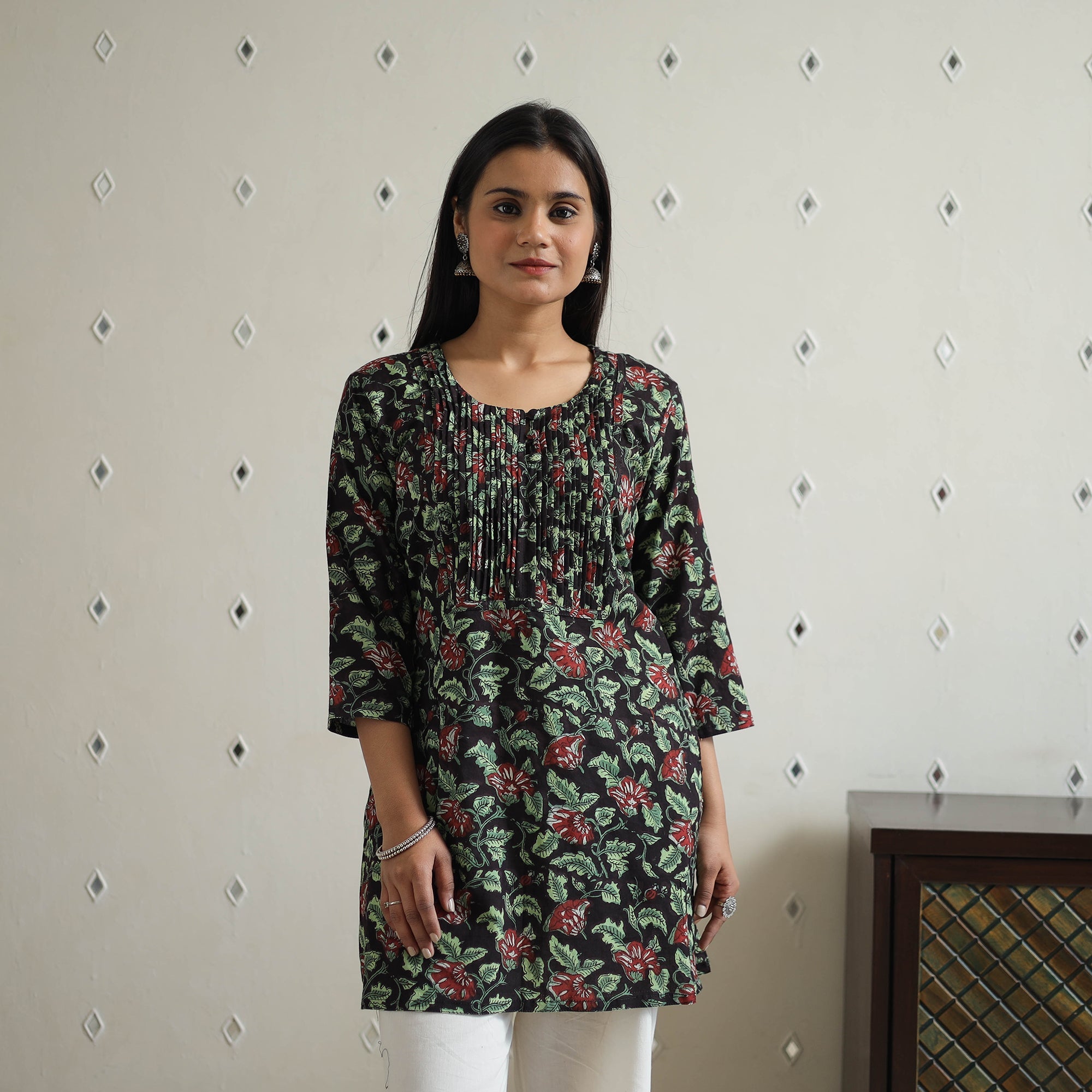 Hand Block Printed Cotton Short Pintuck Bagru Kurta for Women