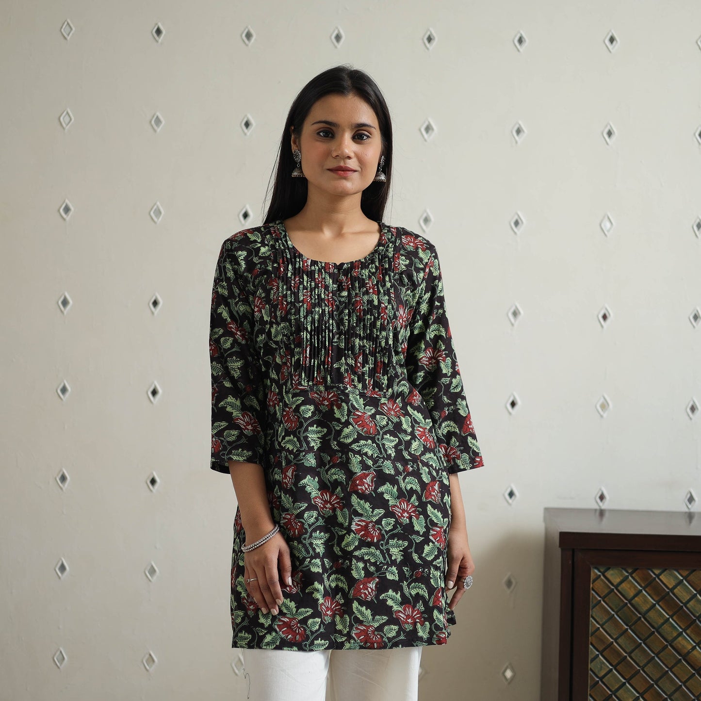 Hand Block Printed Cotton Short Pintuck Bagru Kurta for Women
