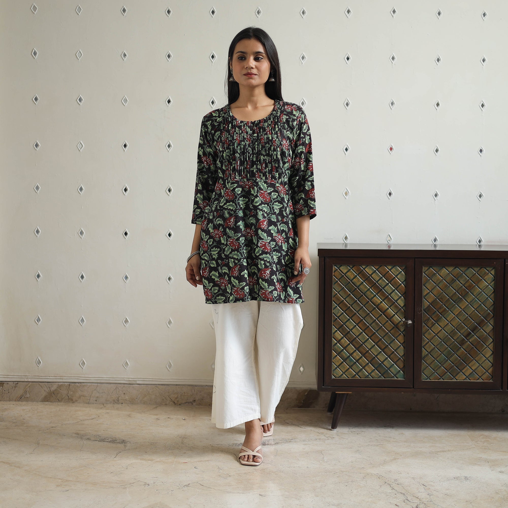Hand Block Printed Cotton Short Pintuck Bagru Kurta for Women