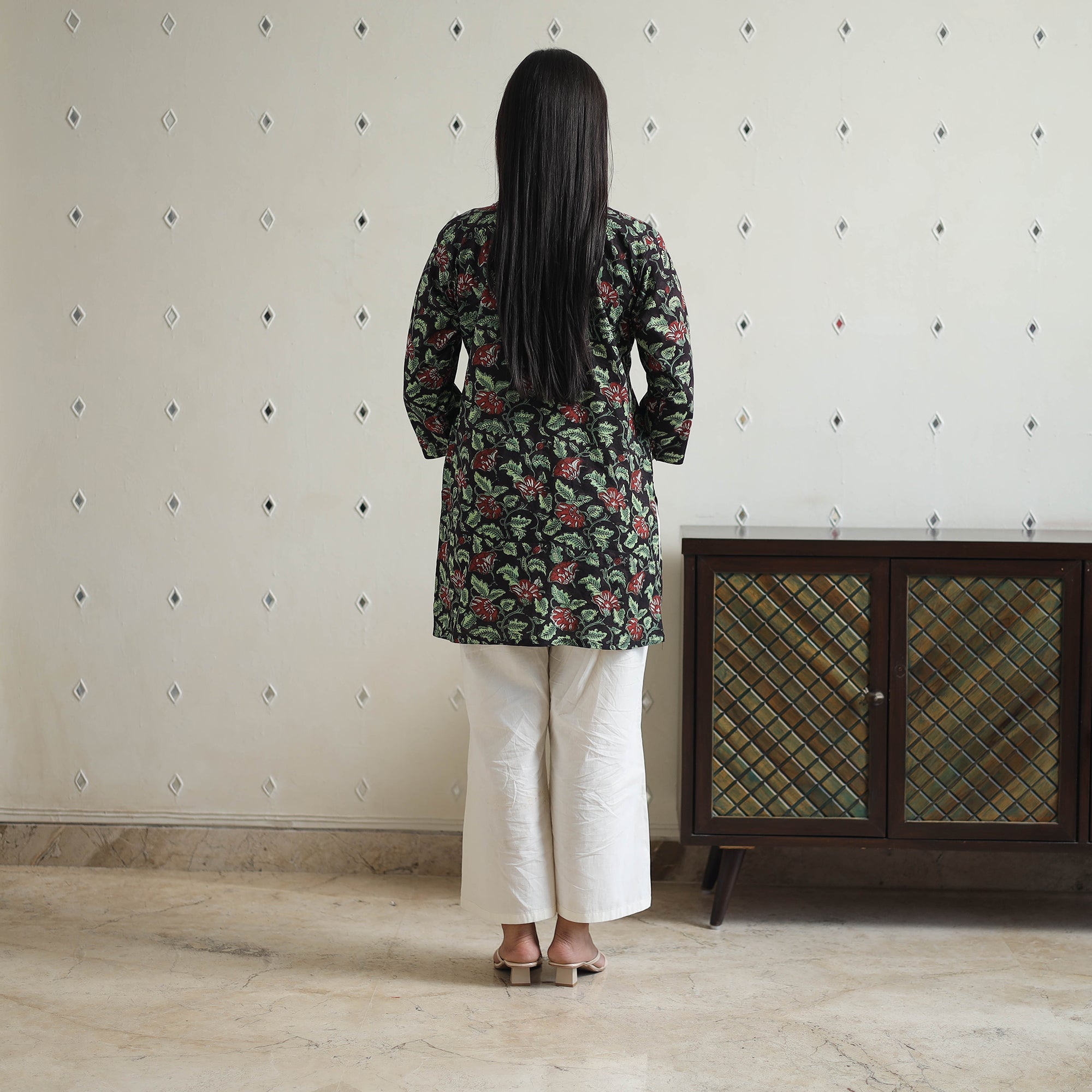 Hand Block Printed Cotton Short Pintuck Bagru Kurta for Women