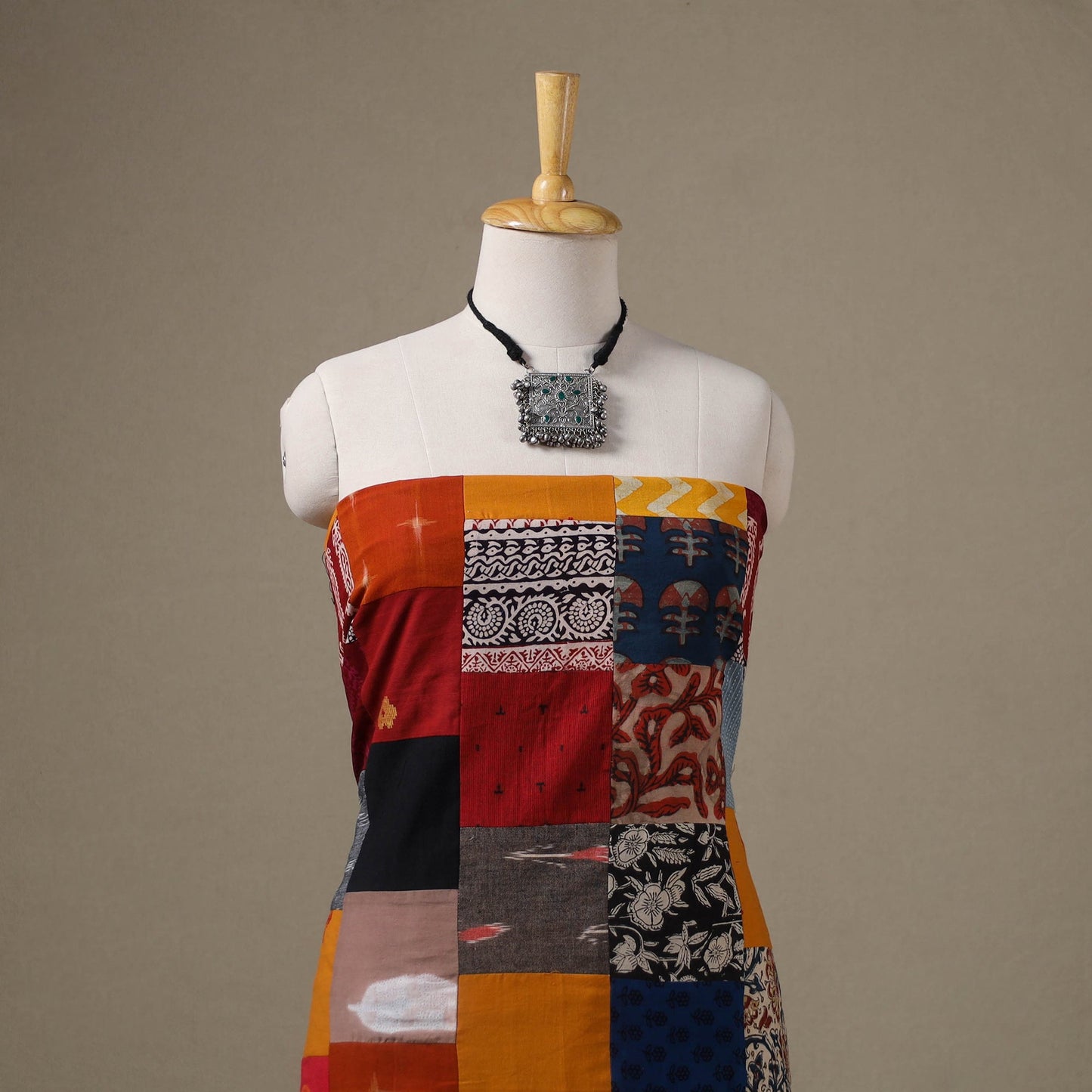 Multicolour Hand-Stitched Mosaic Cotton Kurta Material