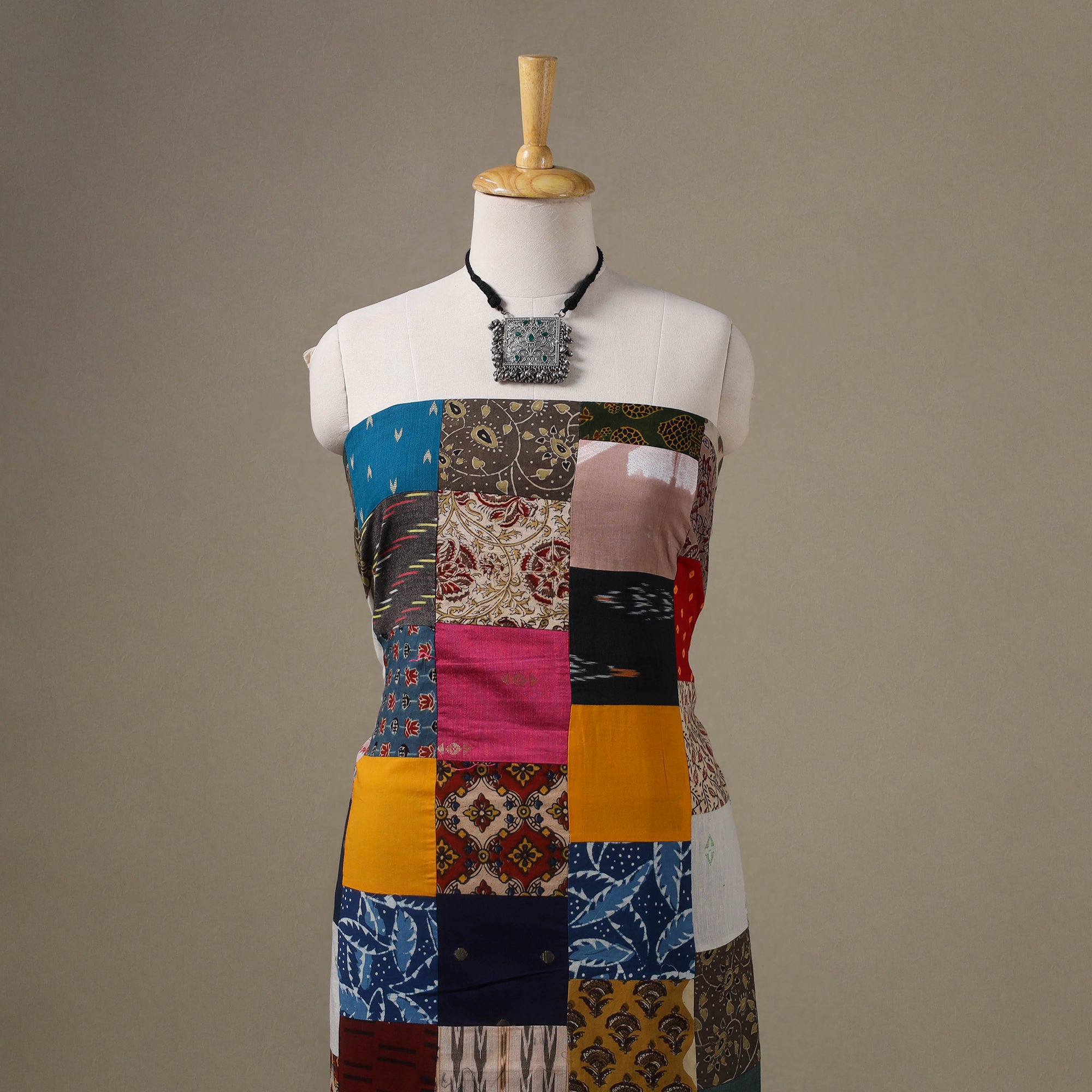 Multicolour Hand-Stitched Mosaic Cotton Kurta Material