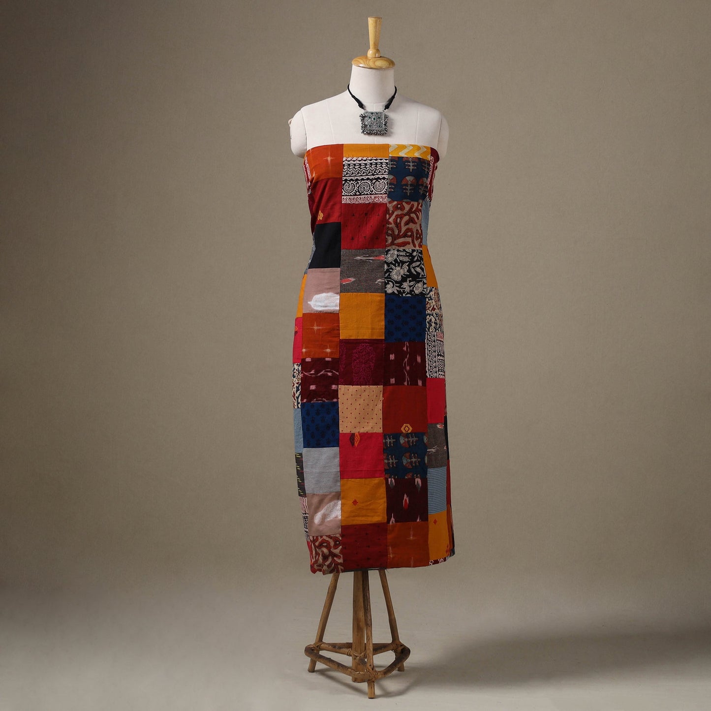 Multicolour Hand-Stitched Mosaic Cotton Kurta Material