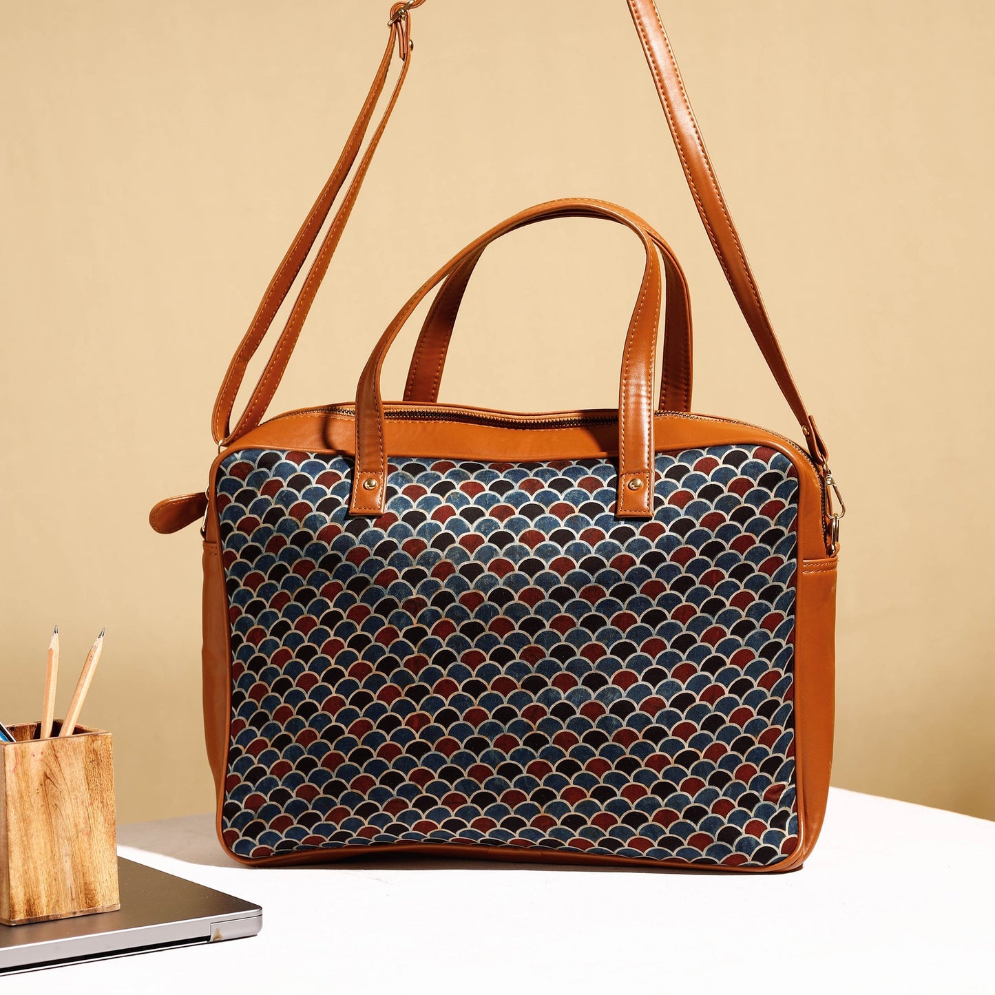  Handcrafted Ajrakh Block Printed Modal Silk Laptop Bag 