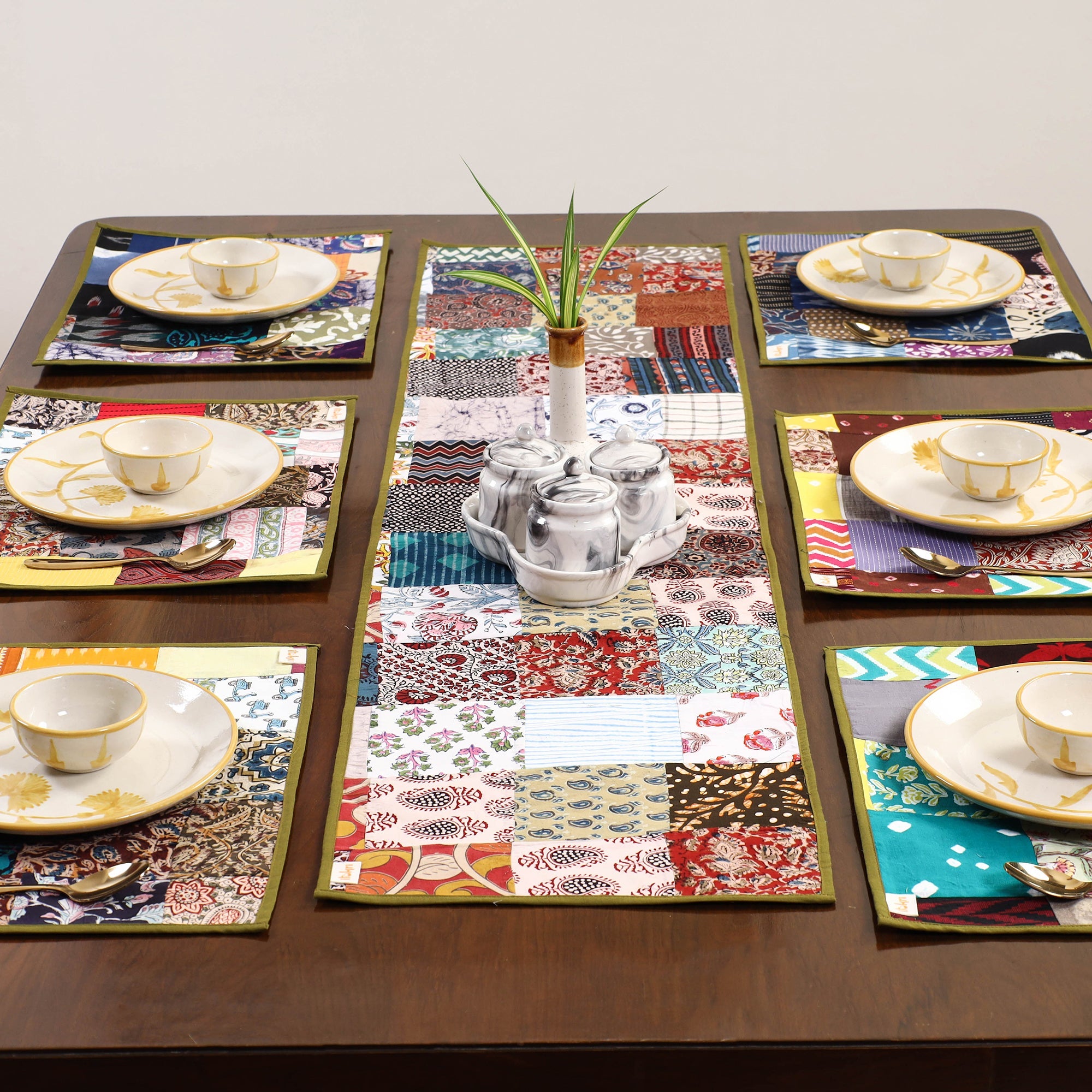 Multicolor - handcrafted cotton fusion table runner set