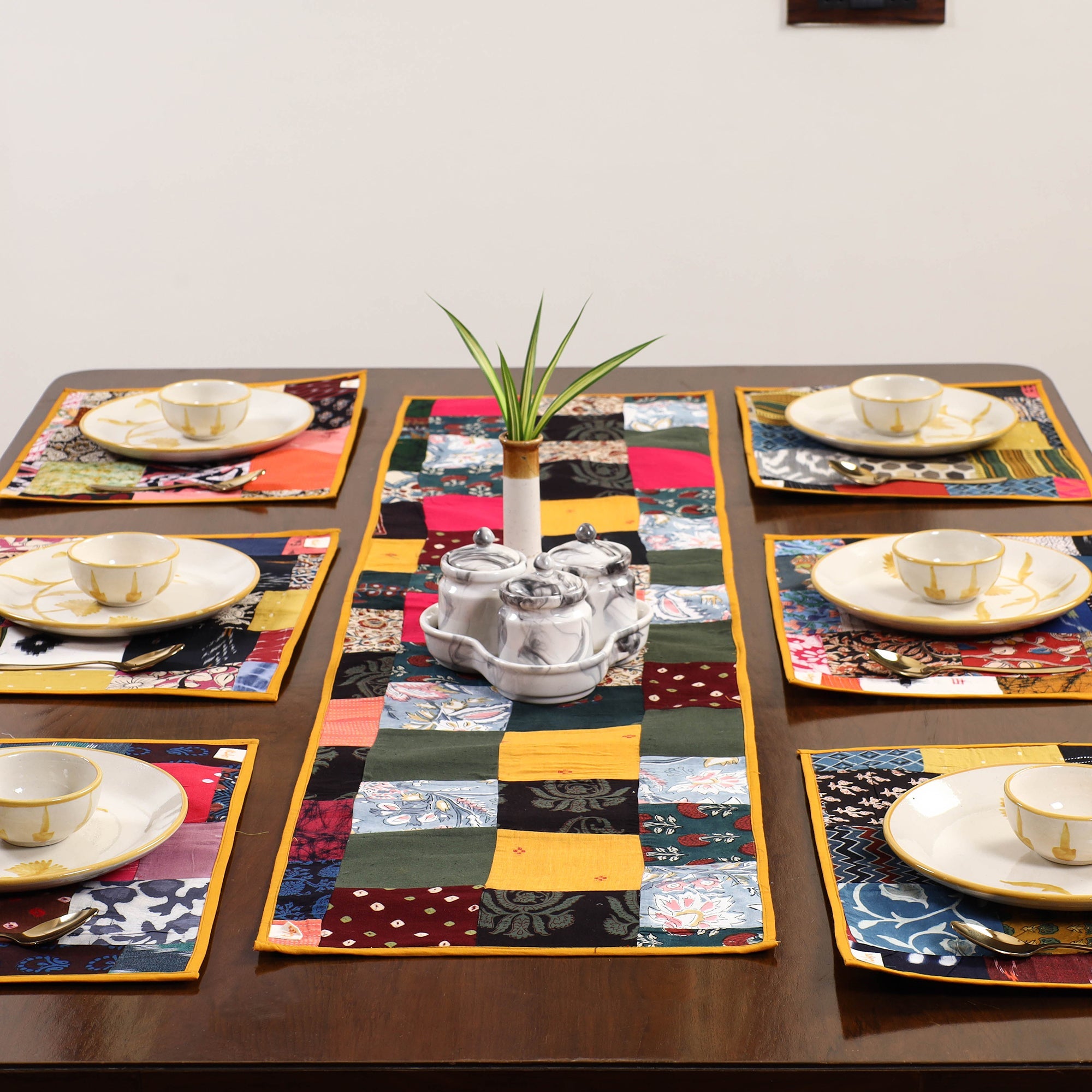 Multicolor - handcrafted cotton fusion table runner set