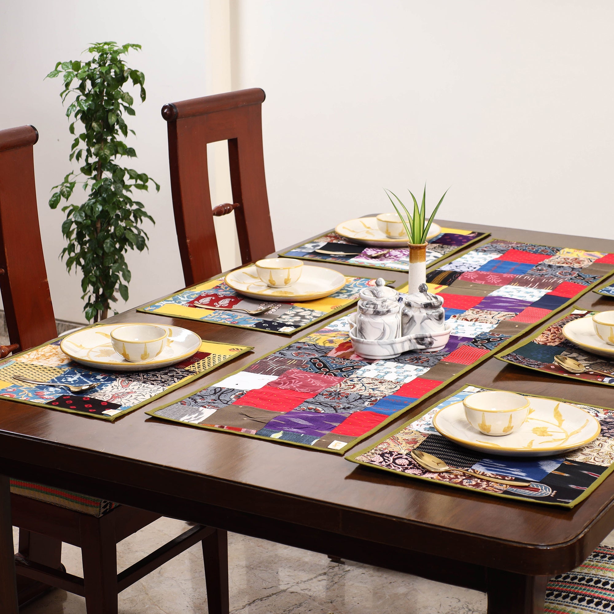 Multicolor - handcrafted cotton fusion table runner set