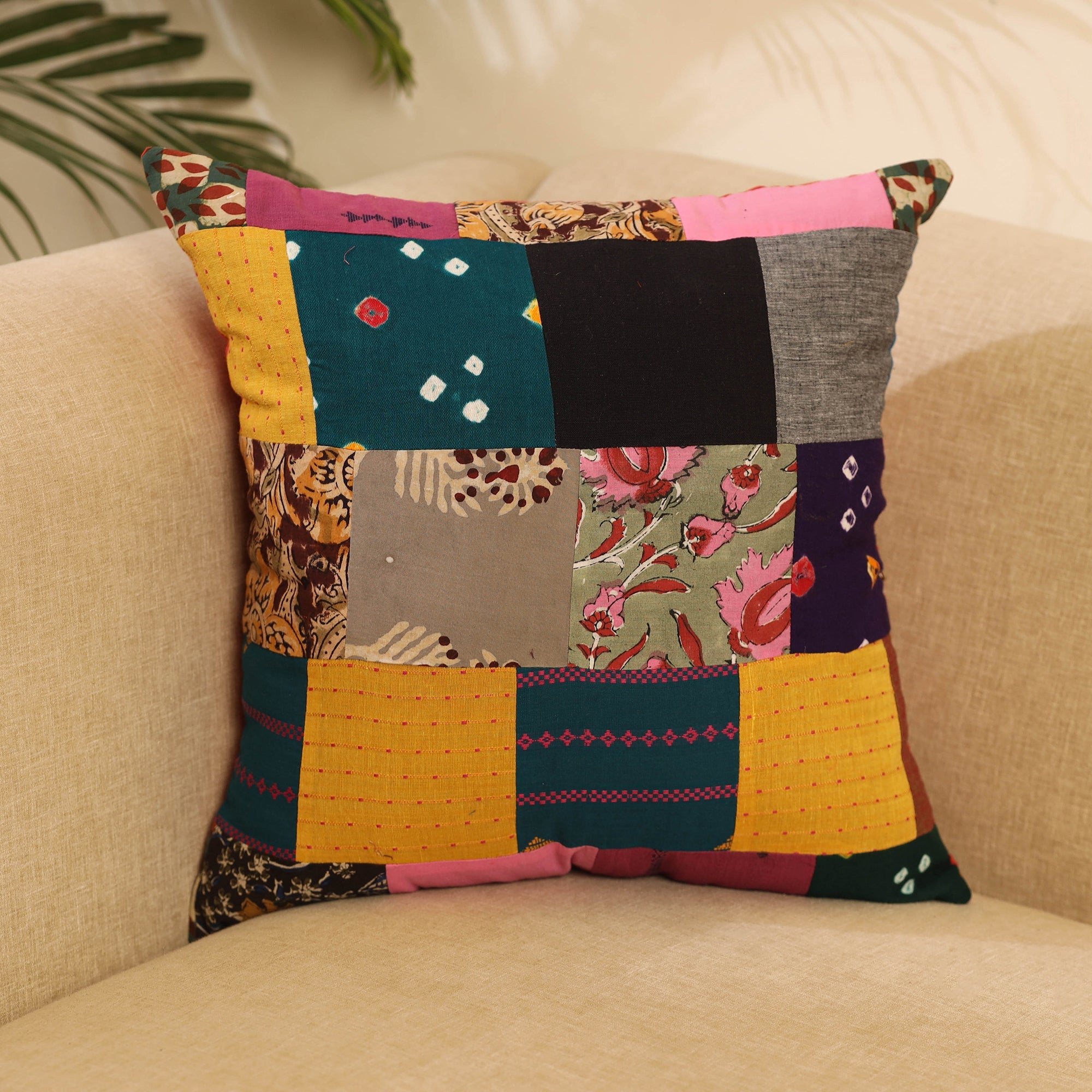 Buy Multicolor Handcrafted Cotton Patchwork Cushion Cover