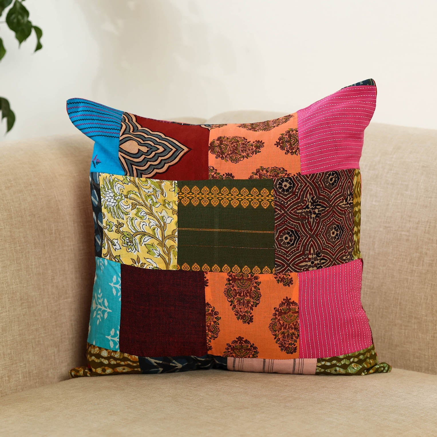 Multicolor - handcrafted cotton patchwork cushion cover 101