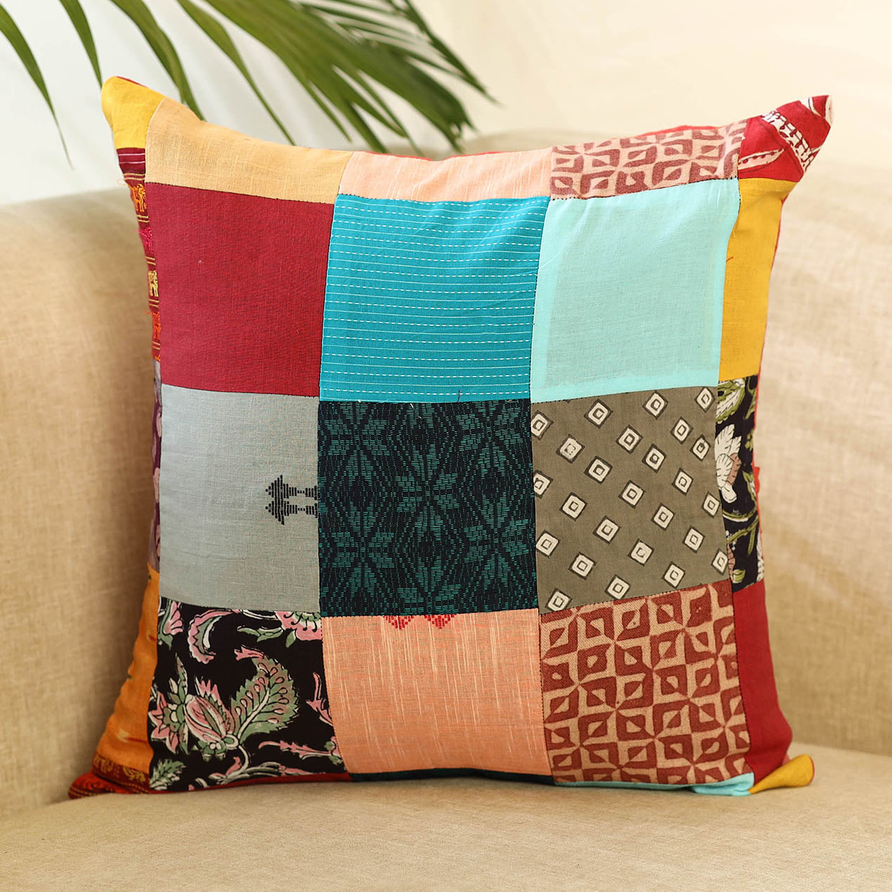 Buy Multicolor Handcrafted Cotton Patchwork Cushion Cover