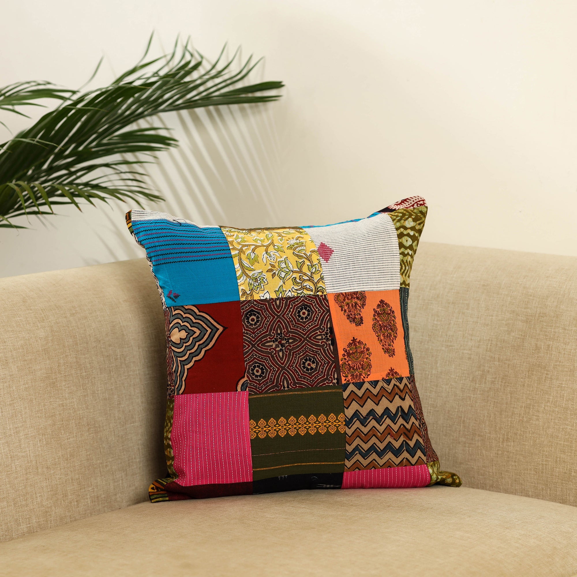 Multicolor - handcrafted cotton patchwork cushion cover 48