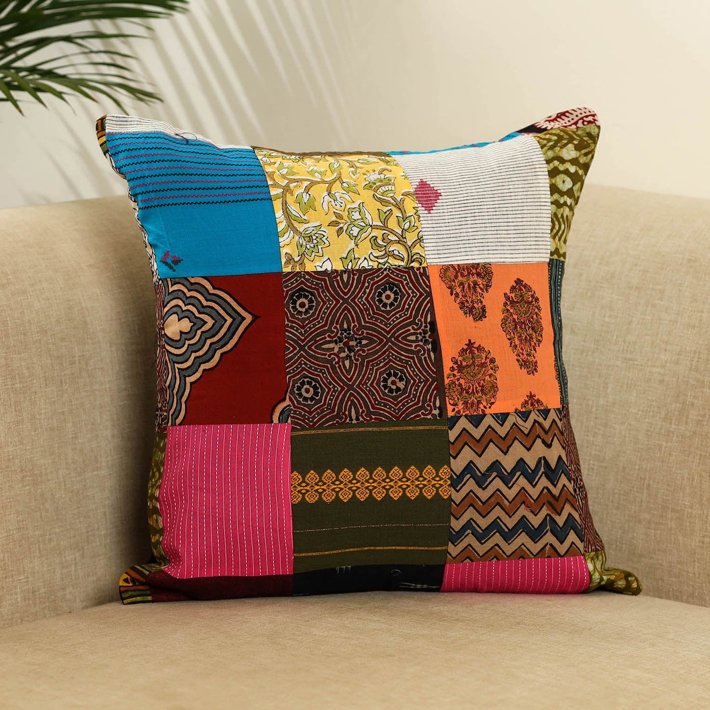 Multicolor - handcrafted cotton patchwork cushion cover 48