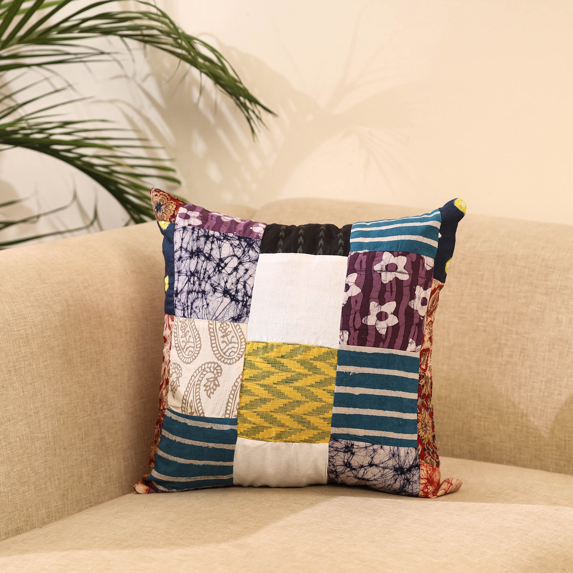 Buy Multicolor Handcrafted Cotton Patchwork Cushion Cover
