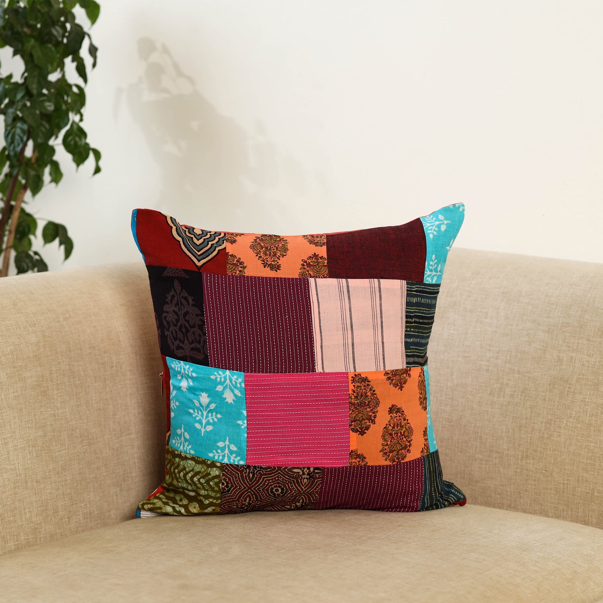  Multicolor Handcrafted Cotton Patchwork Cushion Cover