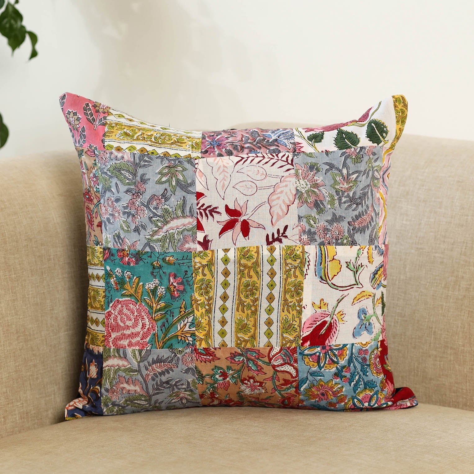  Multicolor Handcrafted Cotton Patchwork Cushion Cover
