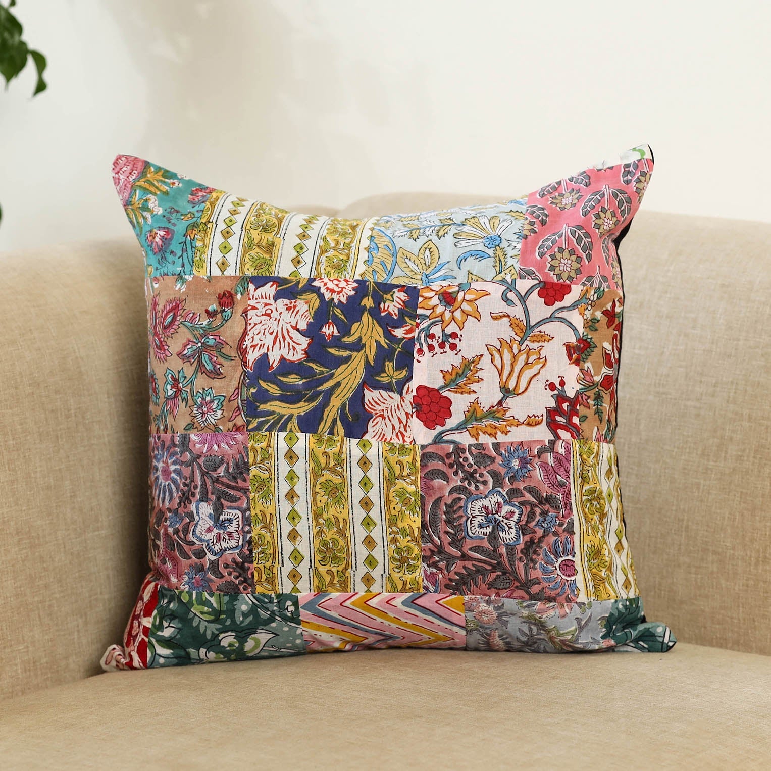  Multicolor Handcrafted Cotton Patchwork Cushion Cover