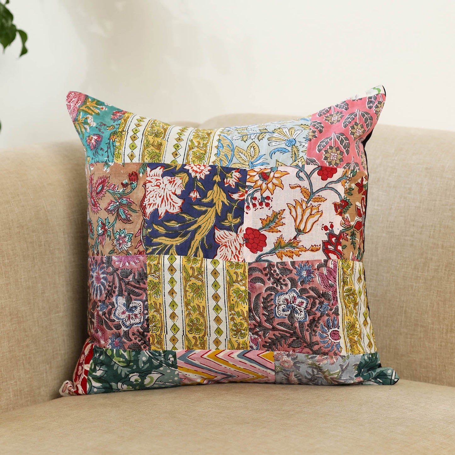  Multicolor Handcrafted Cotton Patchwork Cushion Cover