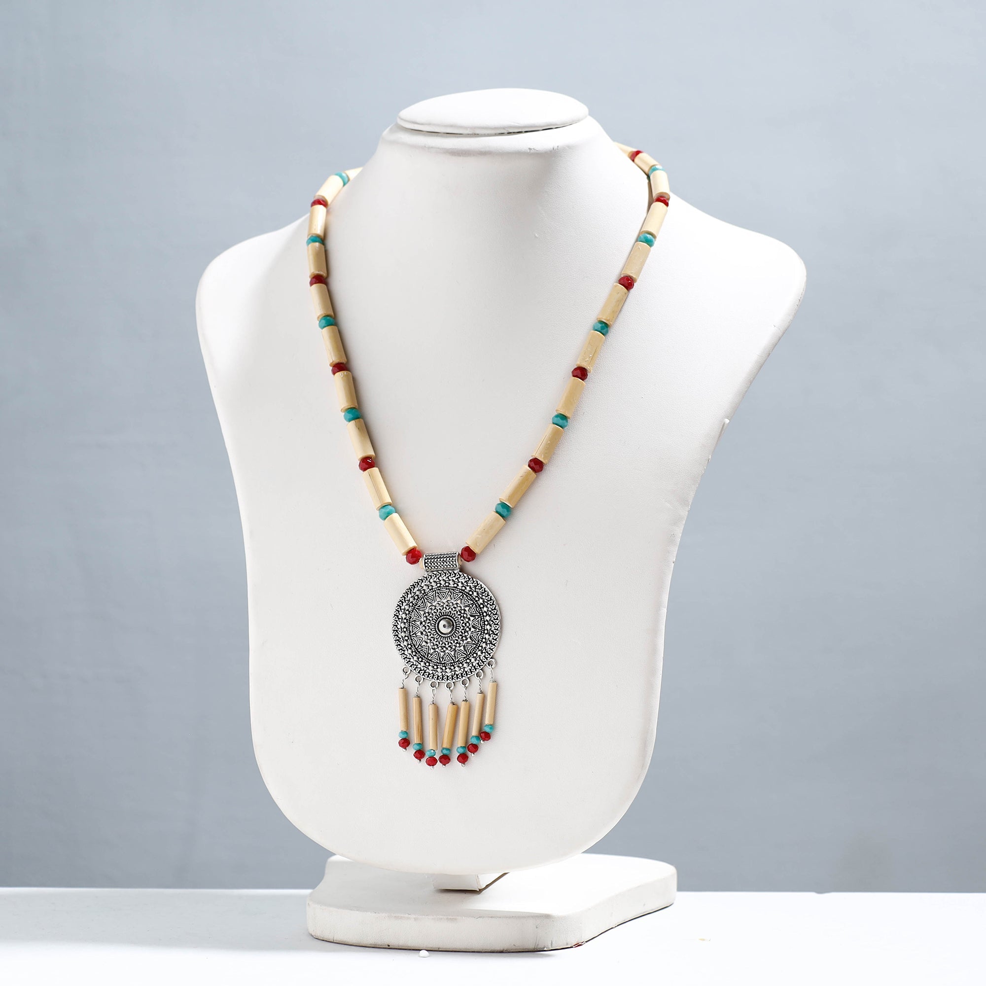  Handcrafted German Silver Pendant Bamboo Necklace.