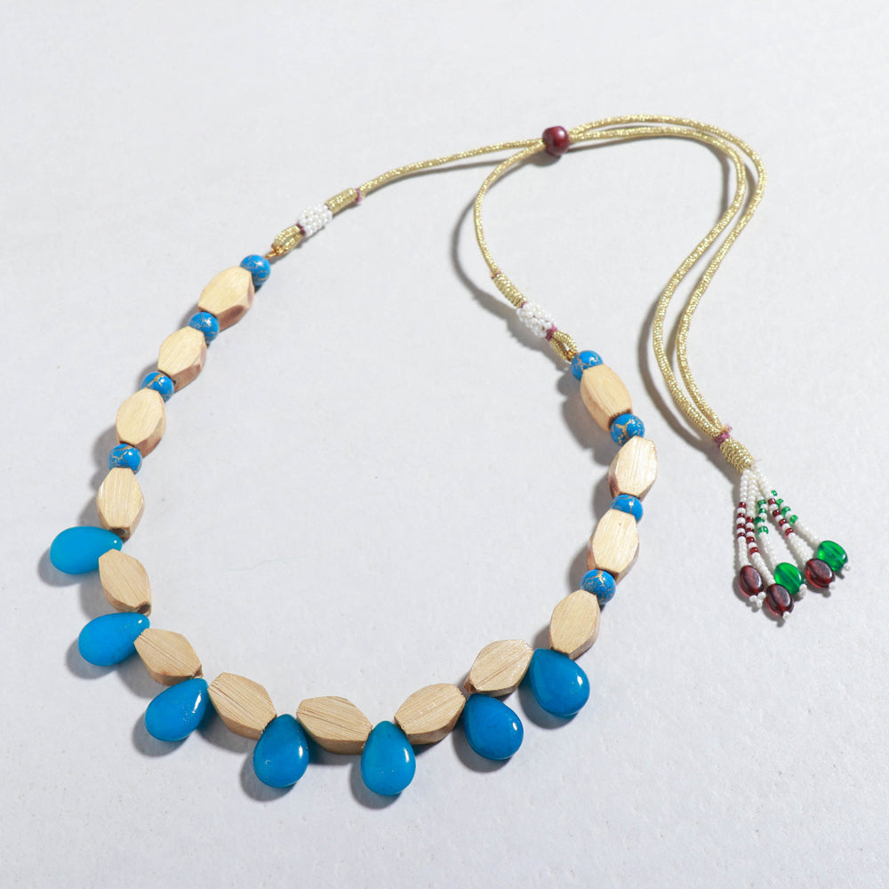 Buy Handcrafted Hexagon Shaped Blue Beads Bamboo Necklace