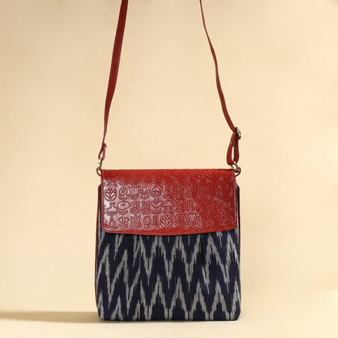  Handcrafted Ikat Fabric Sling Bag with Embossed Leather Flap 