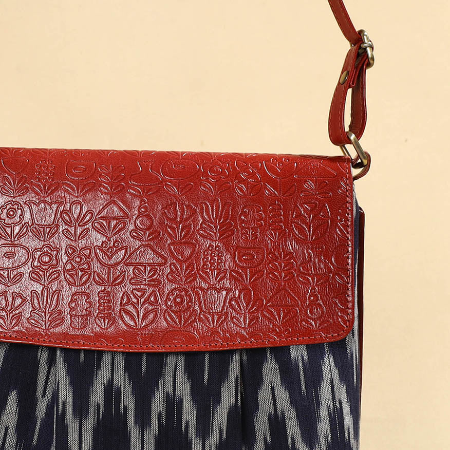 Handcrafted Ikat Fabric Sling Bag with Embossed Leather Flap 