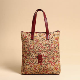 Multicolor Handcrafted Kalamkari Block Printed Hand Bag with Leather Handle
