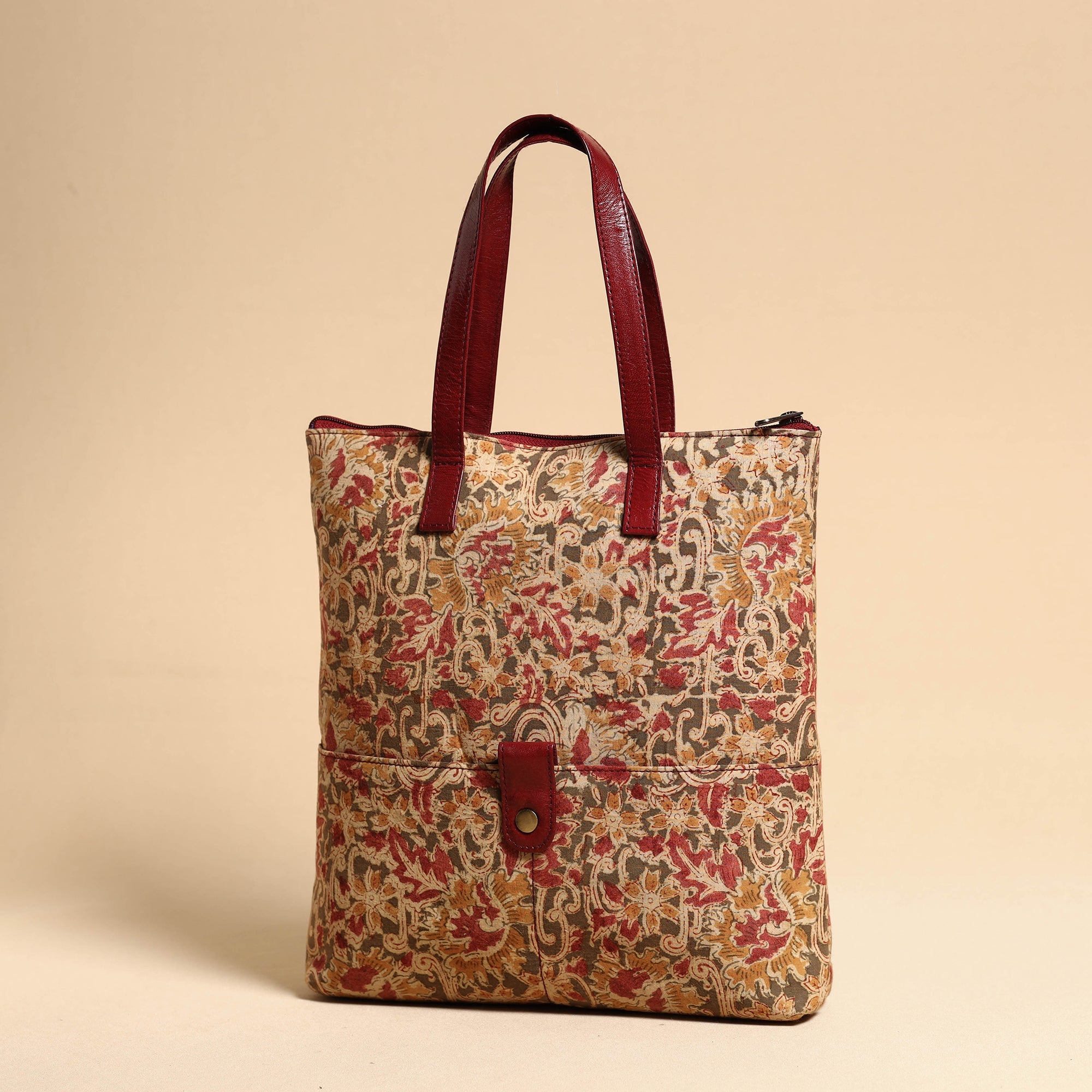 Multicolor Handcrafted Kalamkari Block Printed Hand Bag with Leather Handle