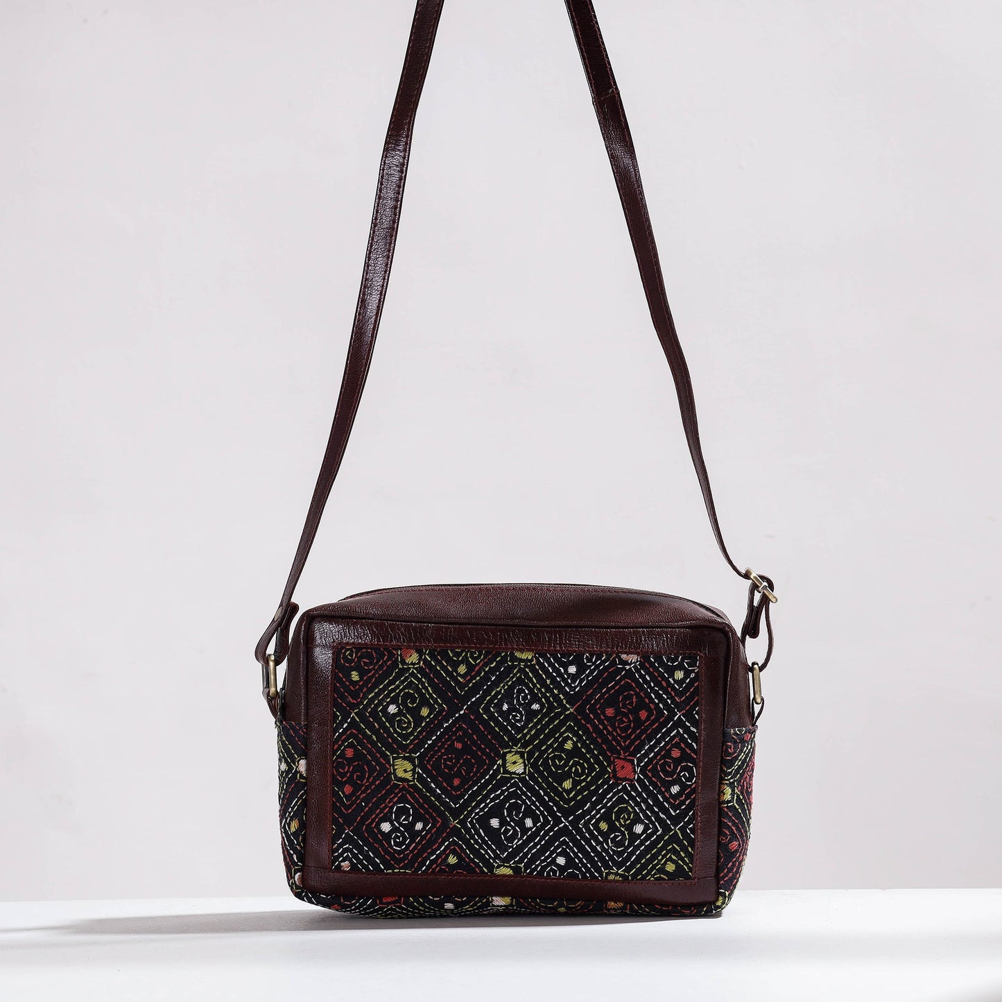  Handcrafted Kantha Embroidery Cotton & Leather Sling Bag 