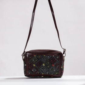  Handcrafted Kantha Embroidery Cotton & Leather Sling Bag 